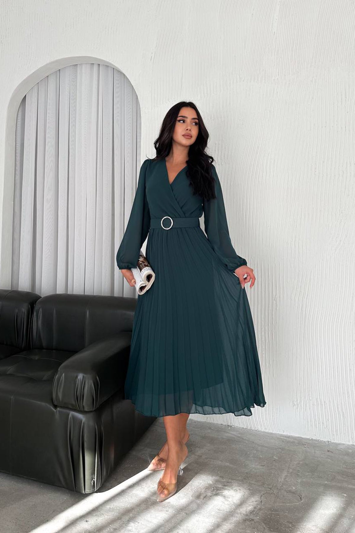Rochie midi verde smarald plisată cu cordon Emerald Grace
