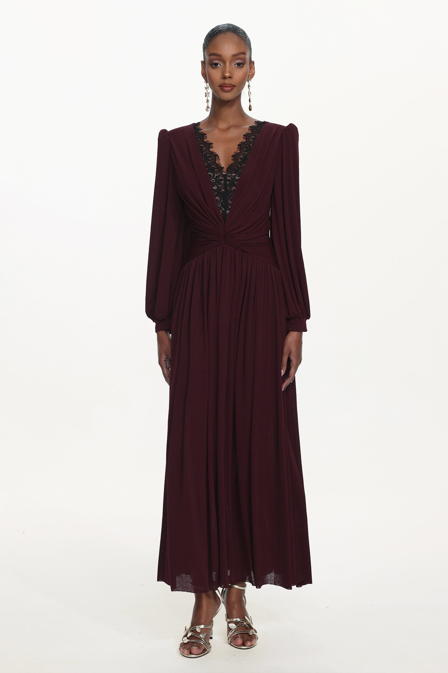 Rochie lungă de seară Merlot Muse cu mâneci lungi