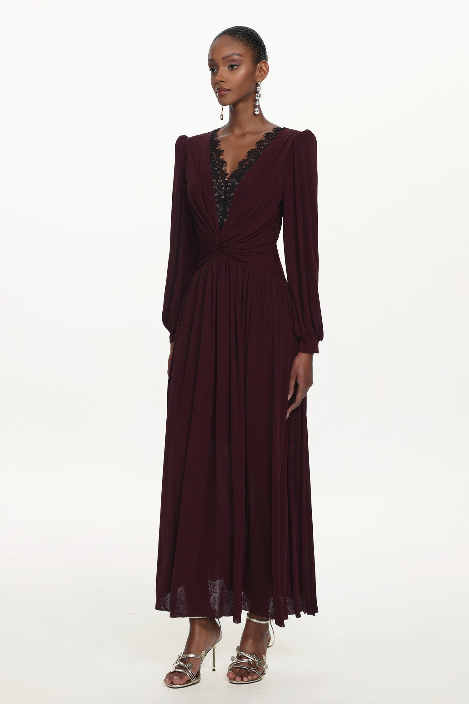 Rochie lungă de seară Merlot Muse cu mâneci lungi