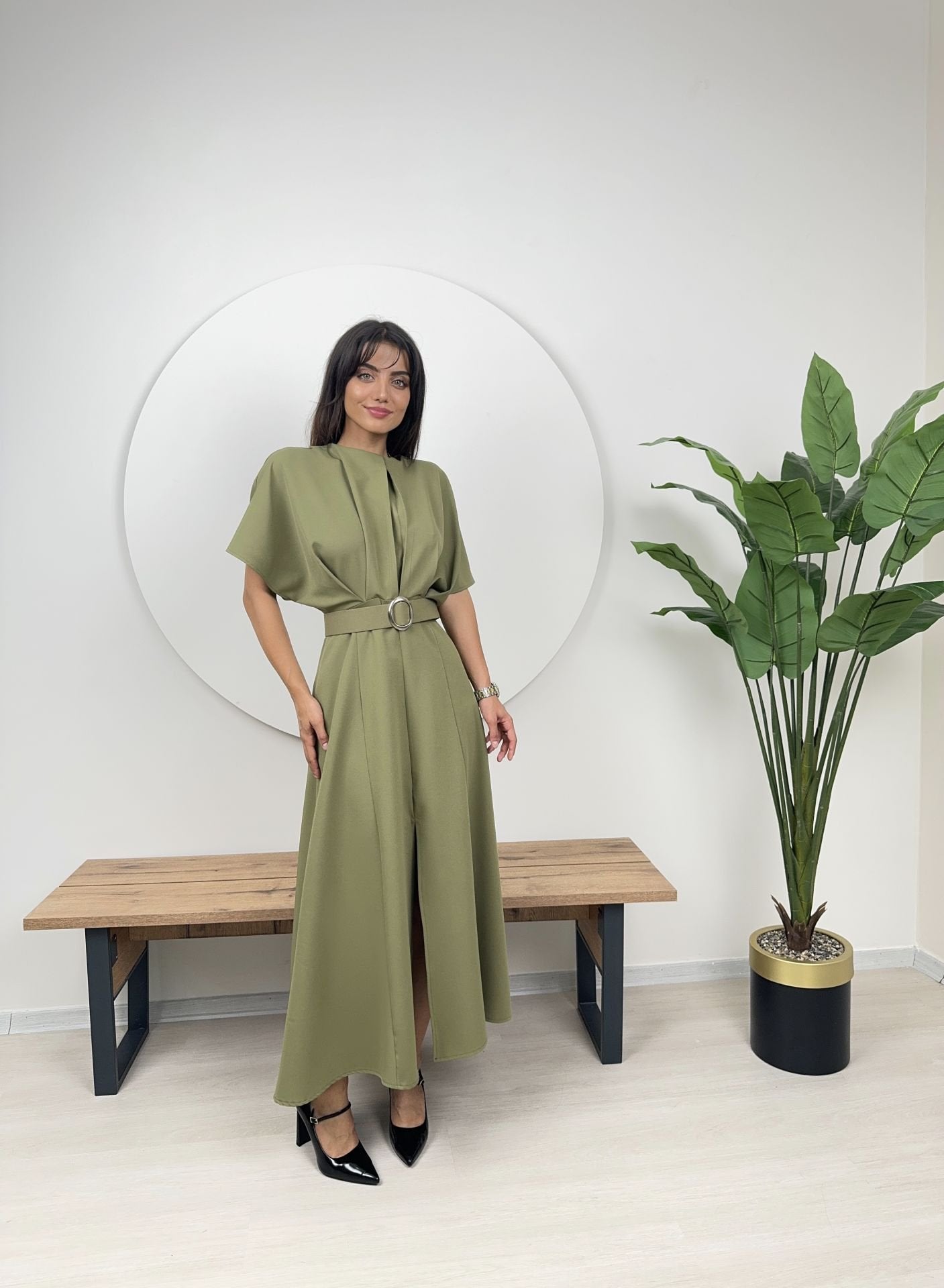 Rochie midi verde  cu cordon și cataramă Olive