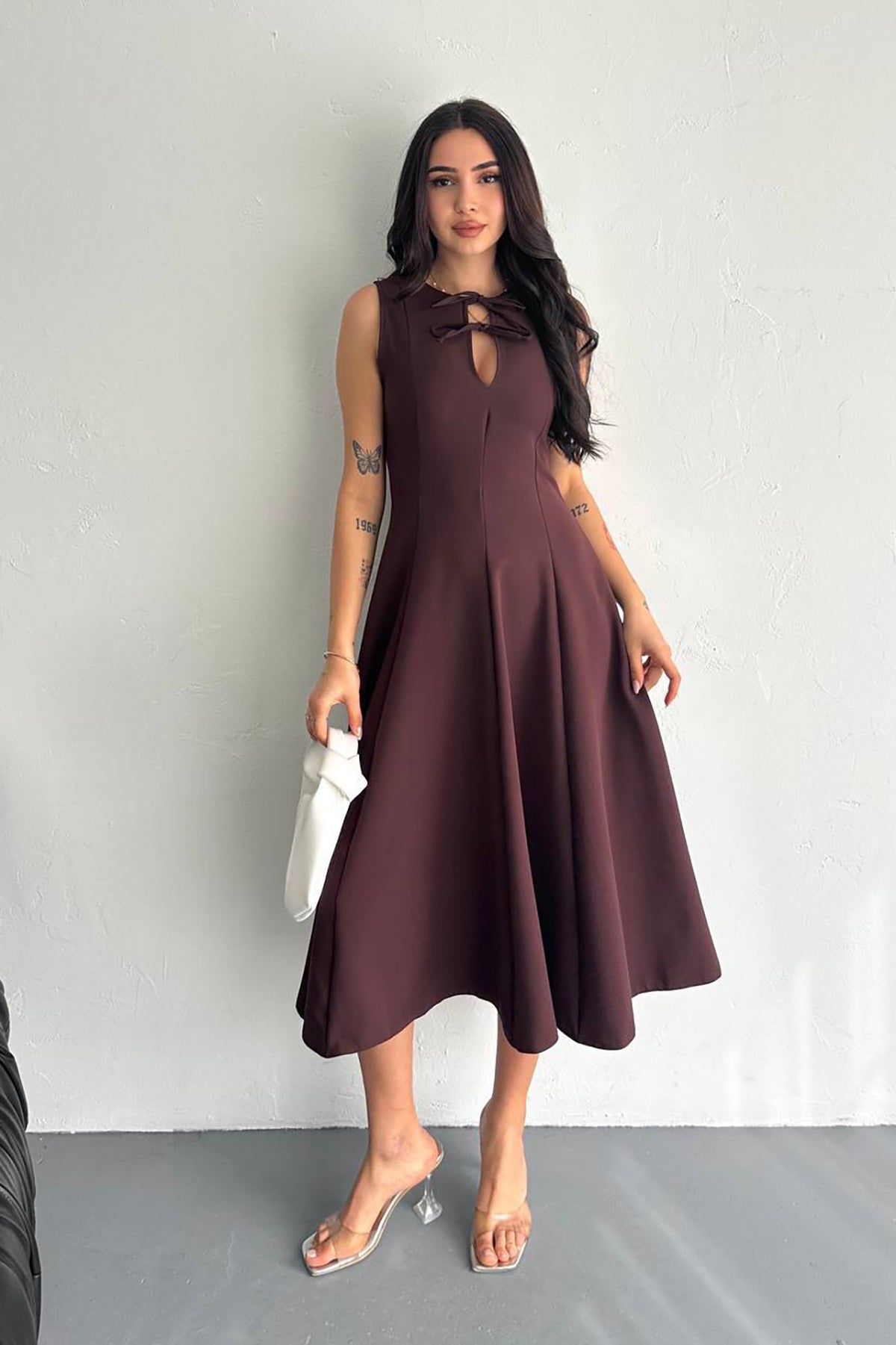 Rochie midi elegantă maro ciocolatiu Serena