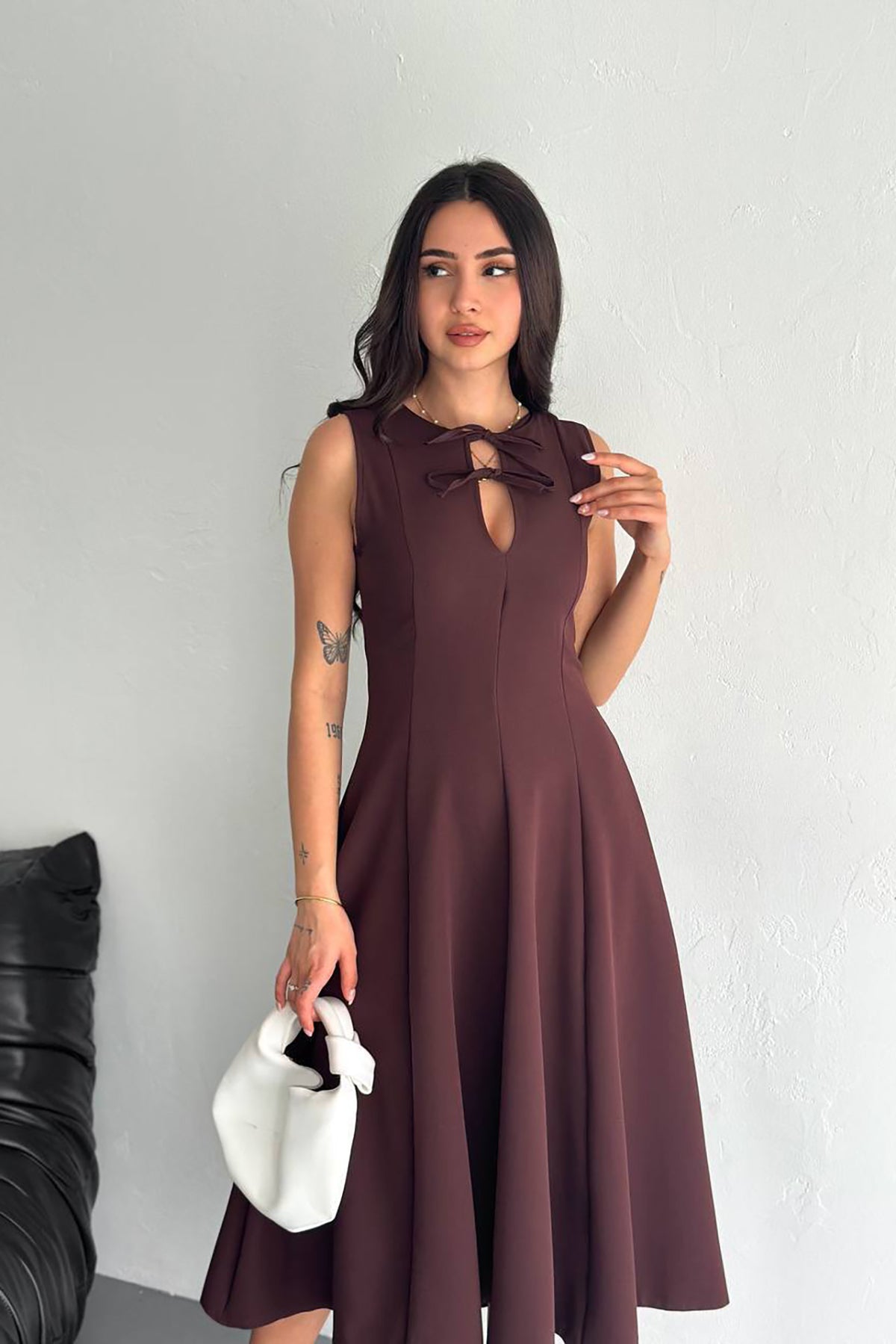 Rochie midi elegantă maro ciocolatiu Serena