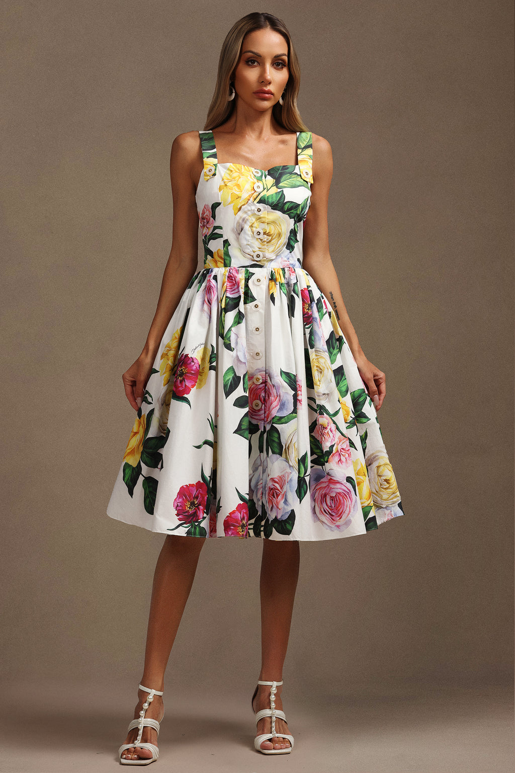 Rochie midi albă cu imprimeu floral Magda