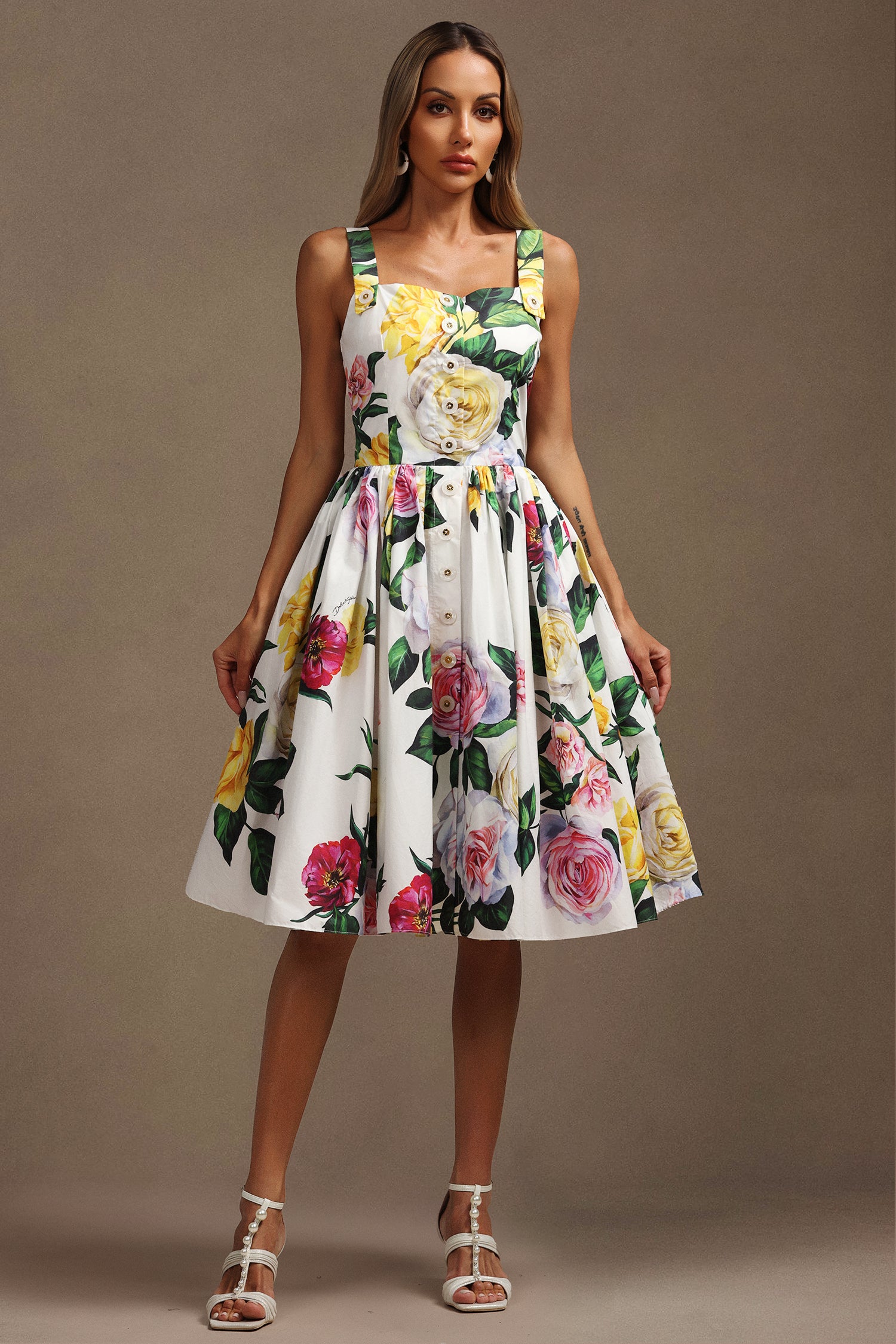 Rochie midi albă cu imprimeu floral Magda