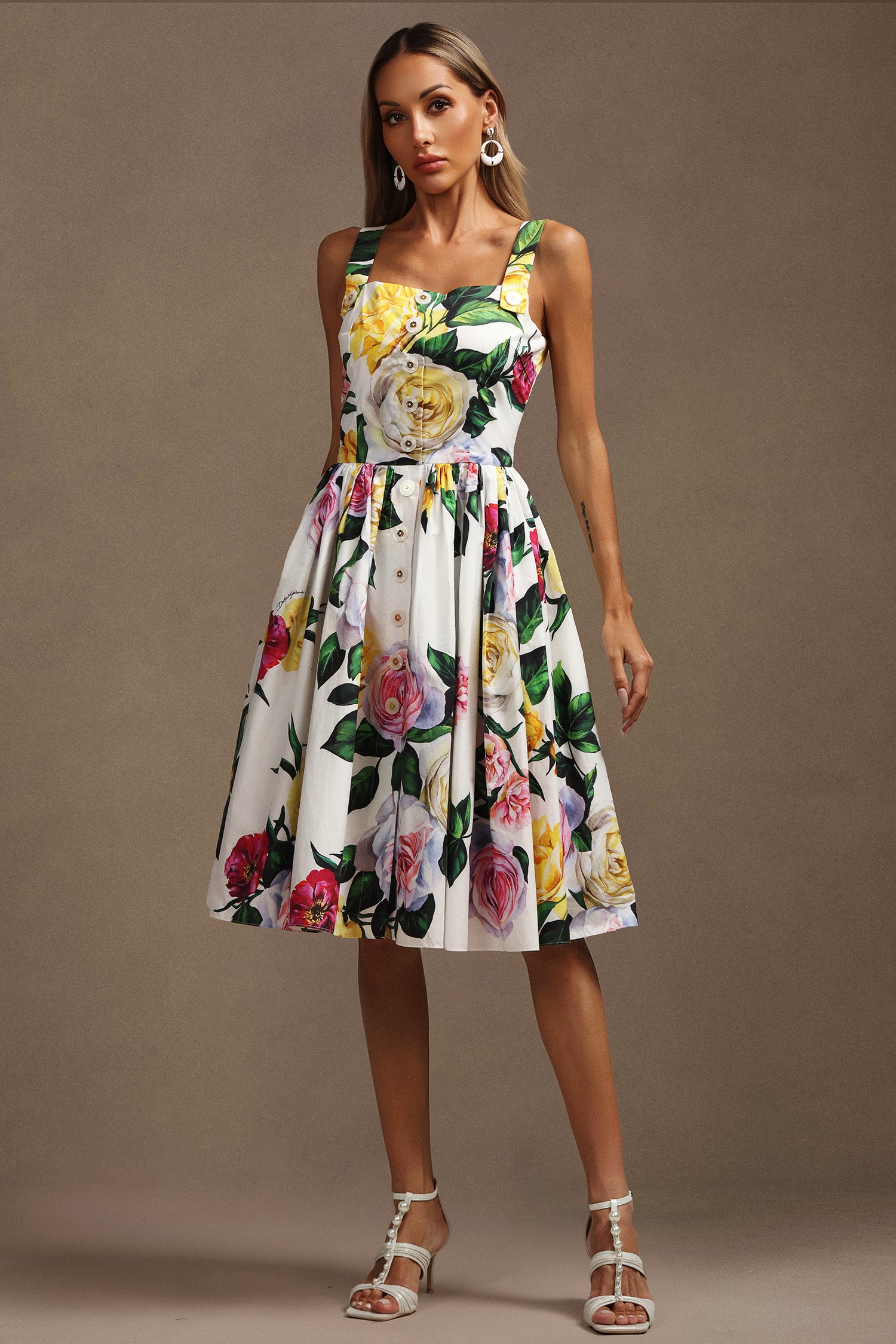 Rochie midi albă cu imprimeu floral Magda