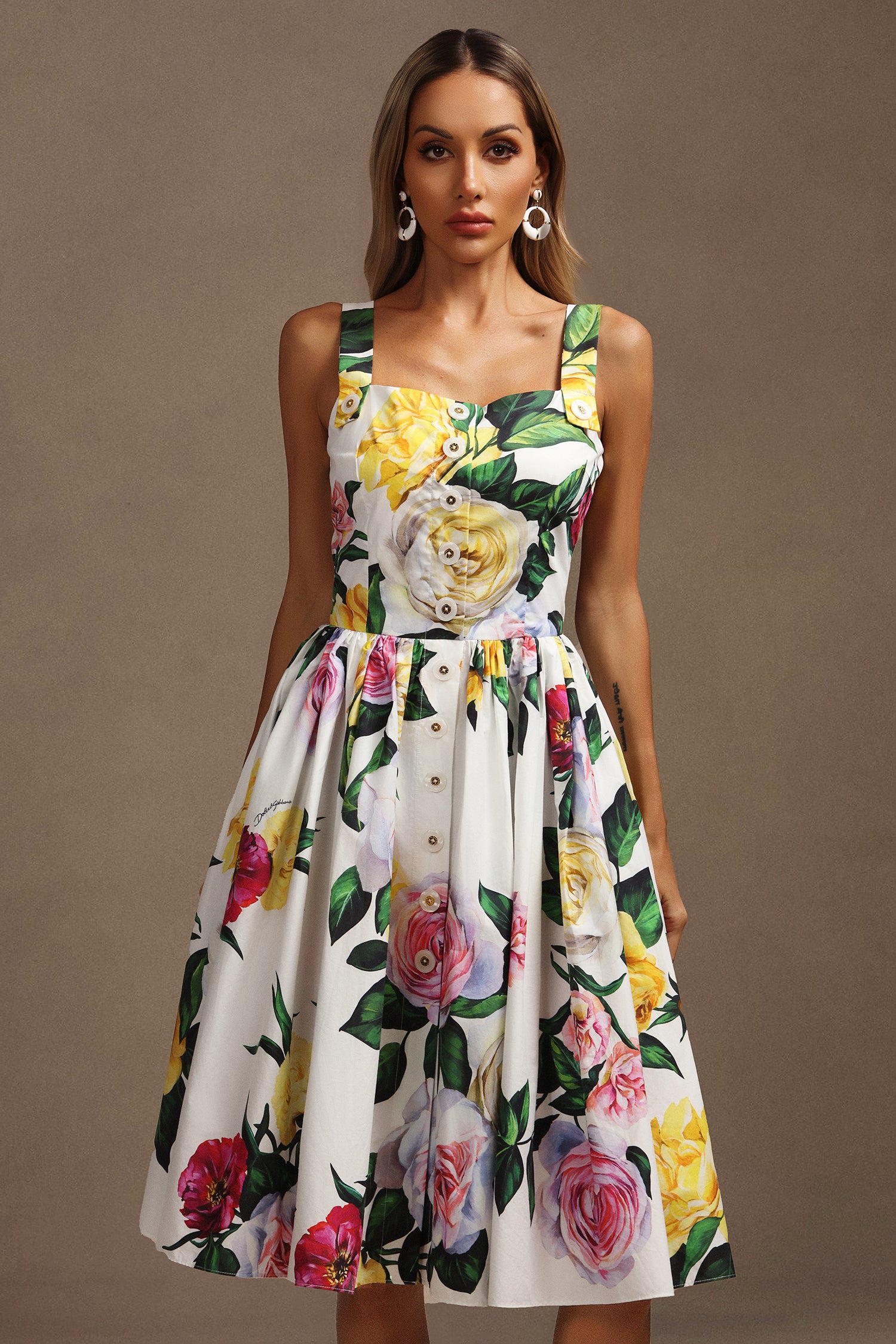 Rochie midi albă cu imprimeu floral Magda