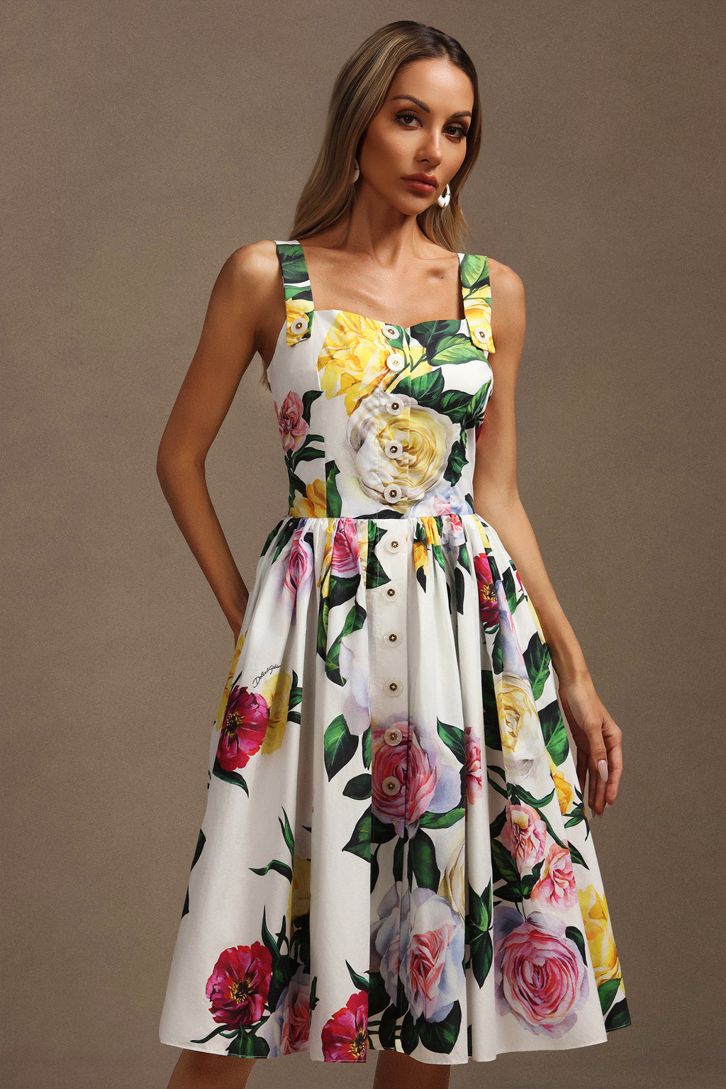 Rochie midi albă cu imprimeu floral Magda