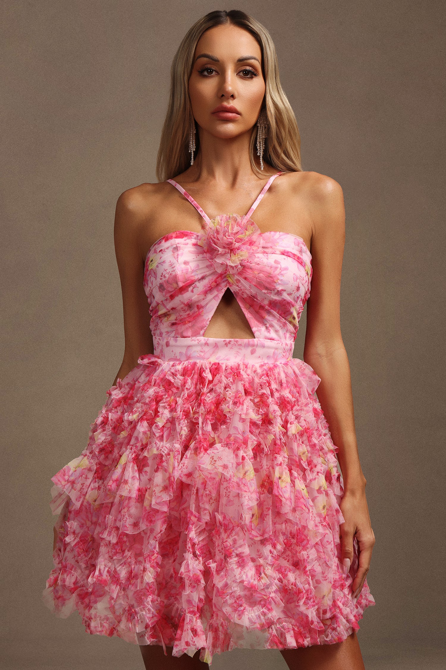 Rochie scurtă roz cu imprimeu floral  Soleya