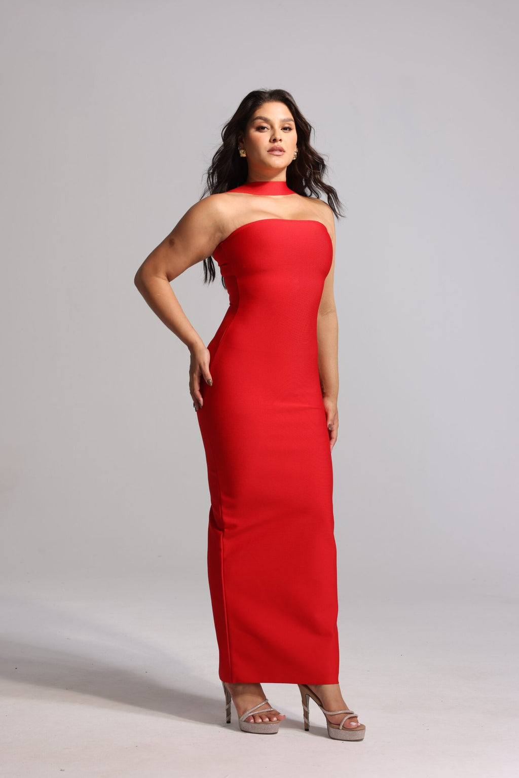 Rochie Celestia roșie lungă de seară tip sirenă fără bretele