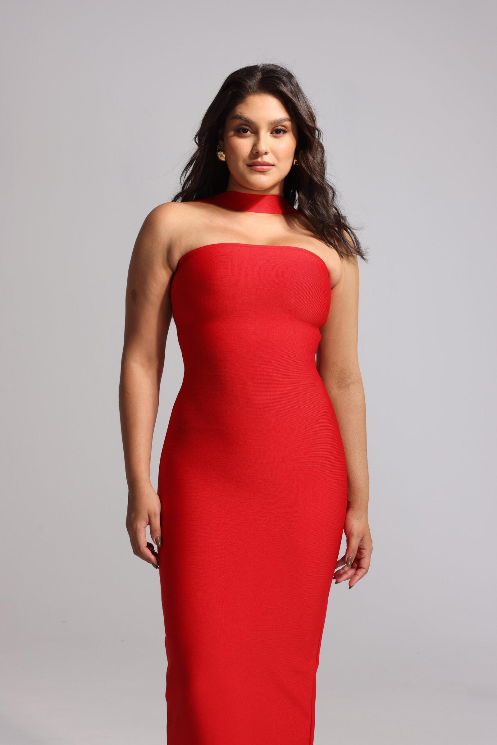 Rochie Celestia roșie lungă de seară tip sirenă fără bretele