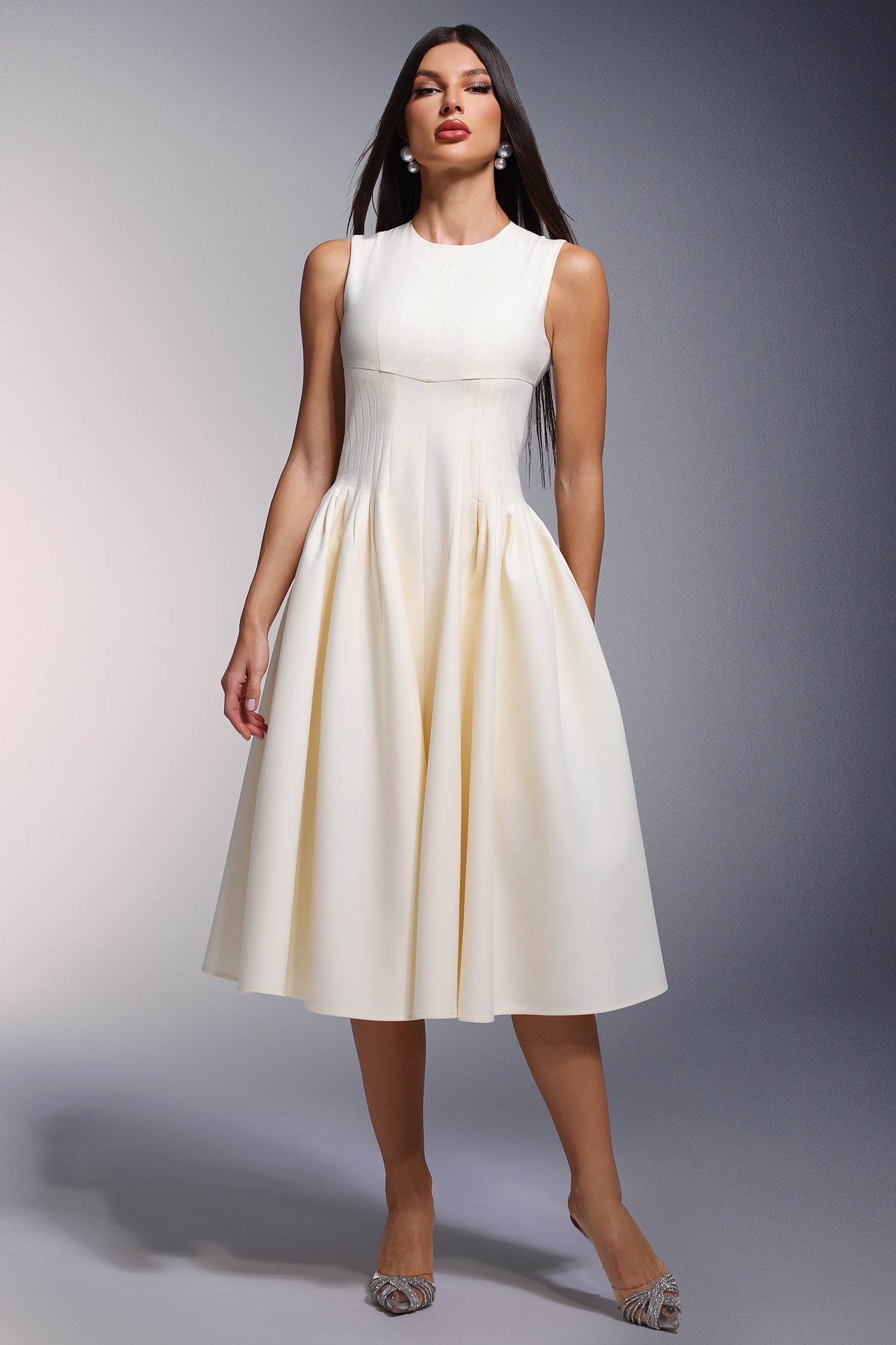Rochie midi crem cu talie accentuată Noemi