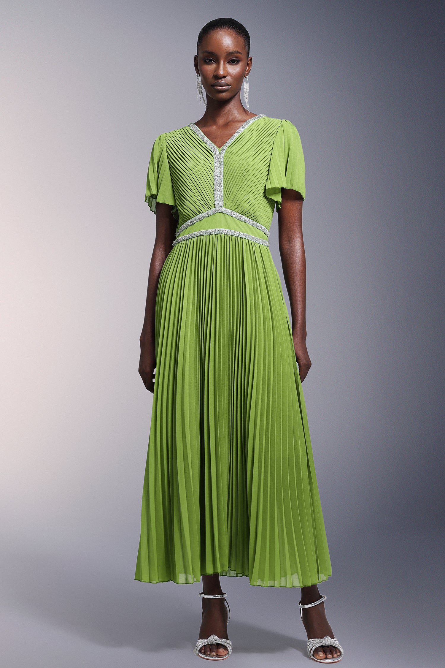 Rochie midi verde lime cu cristale Emeralde