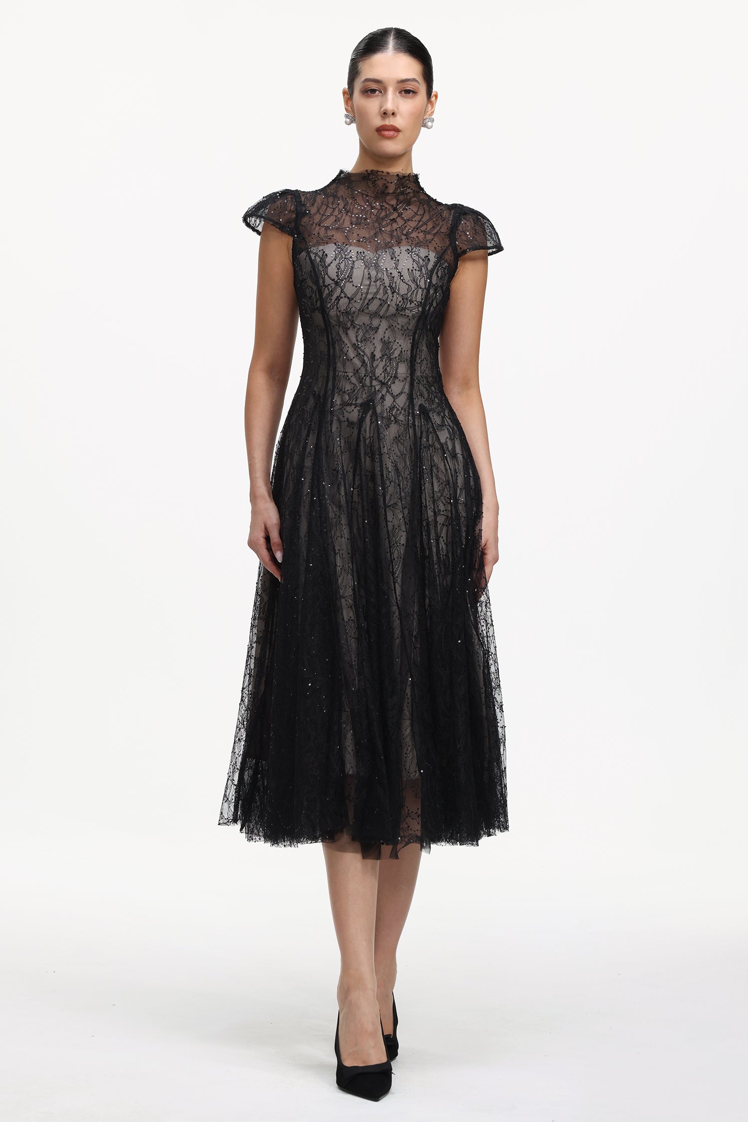 Rochie Midi din Dantelă Neagră cu Paiete Elsinore