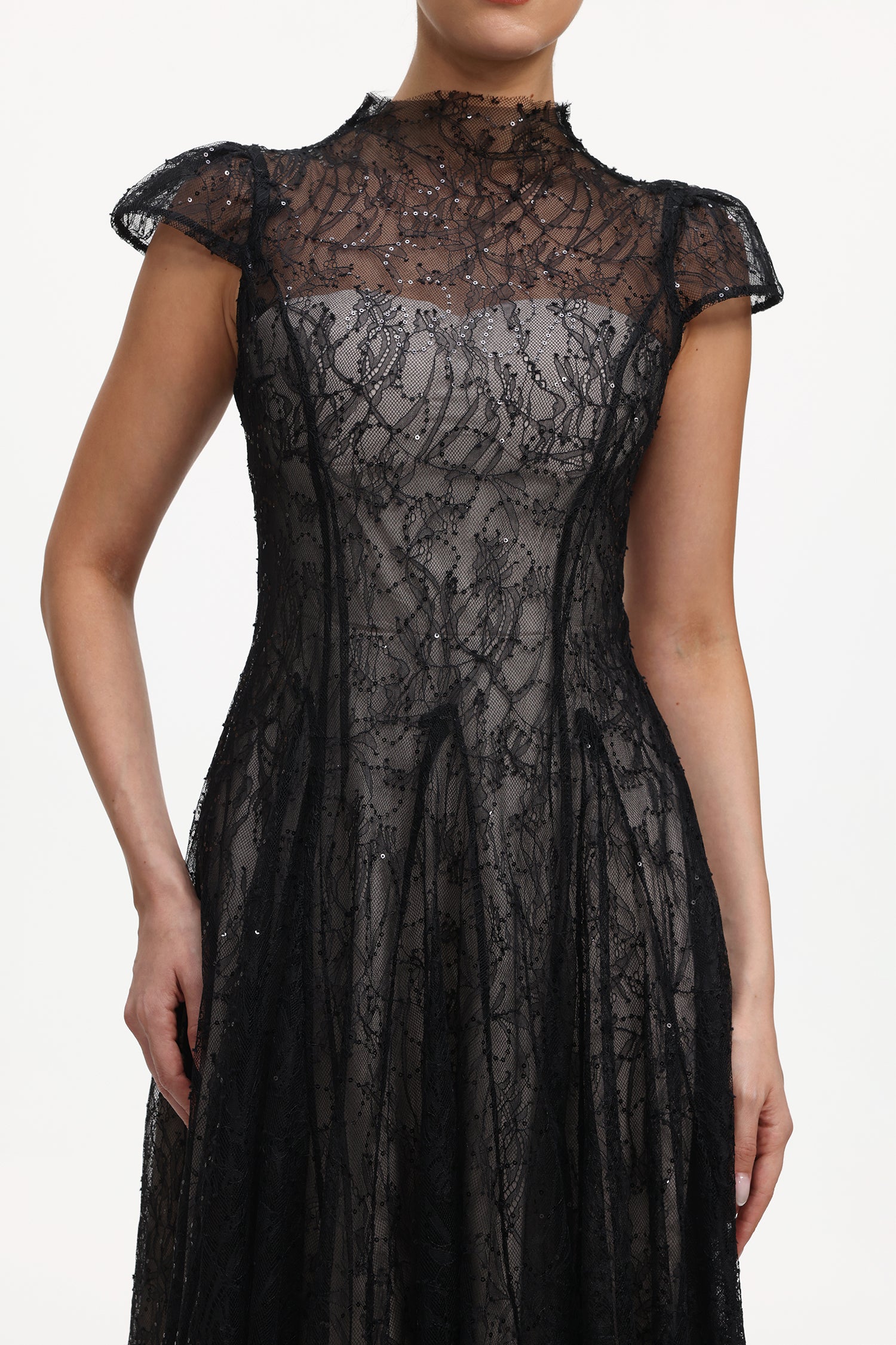 Rochie Midi din Dantelă Neagră cu Paiete Elsinore
