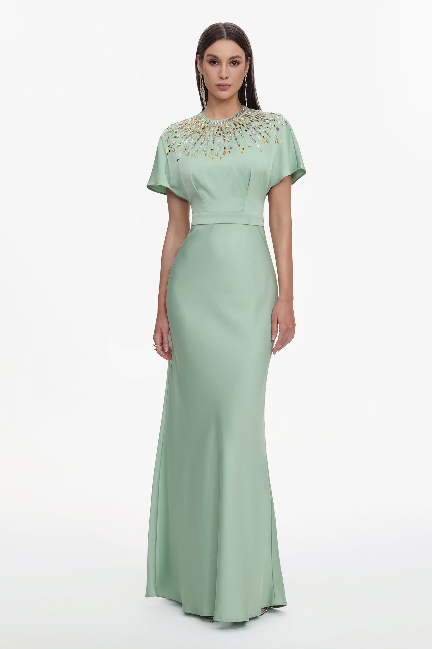 Rochie Maxi Verde Menta cu Cristale și Decolteu la Spate Elarisse