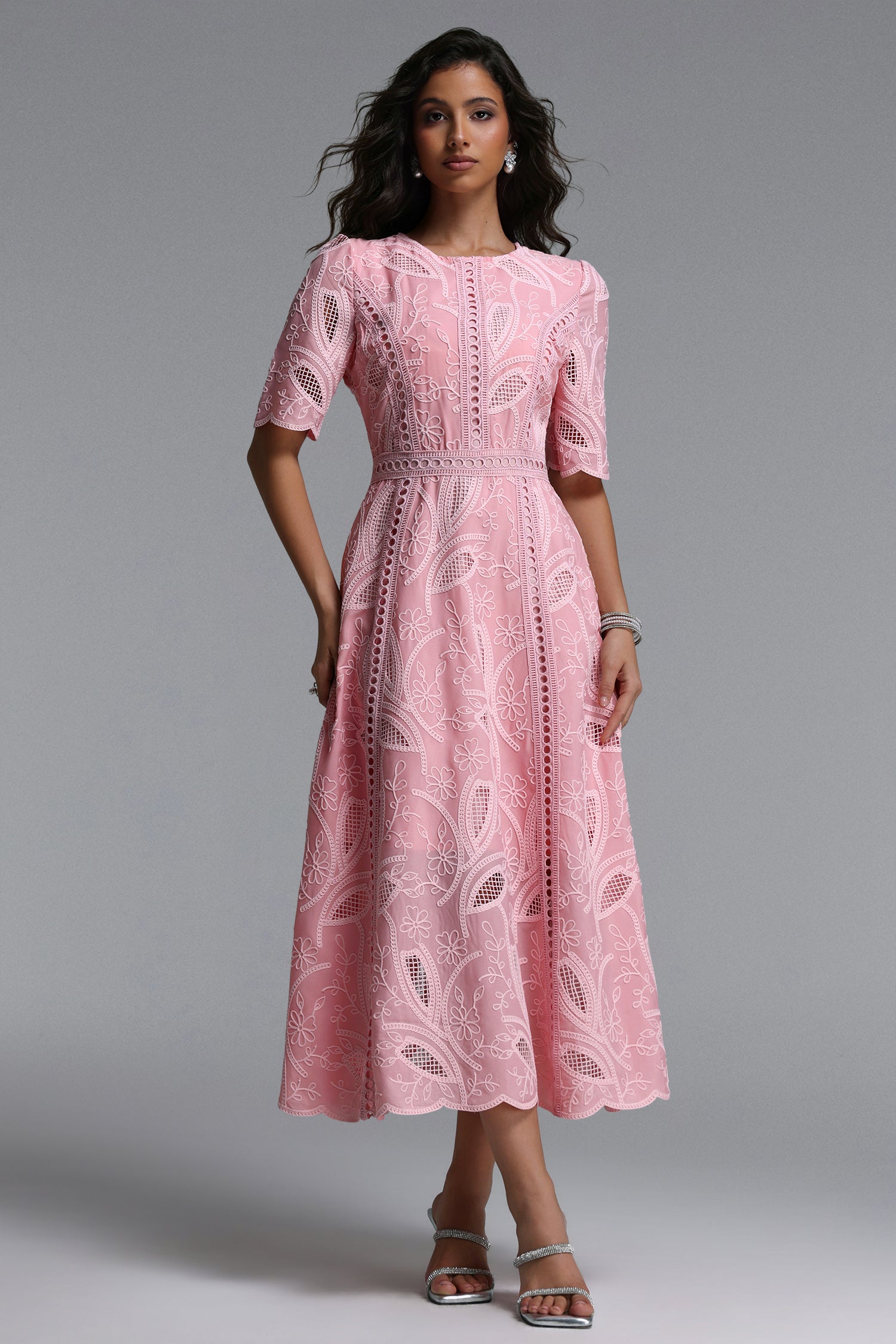 Rochie Midi Roz din Dantelă Brodată Maysa