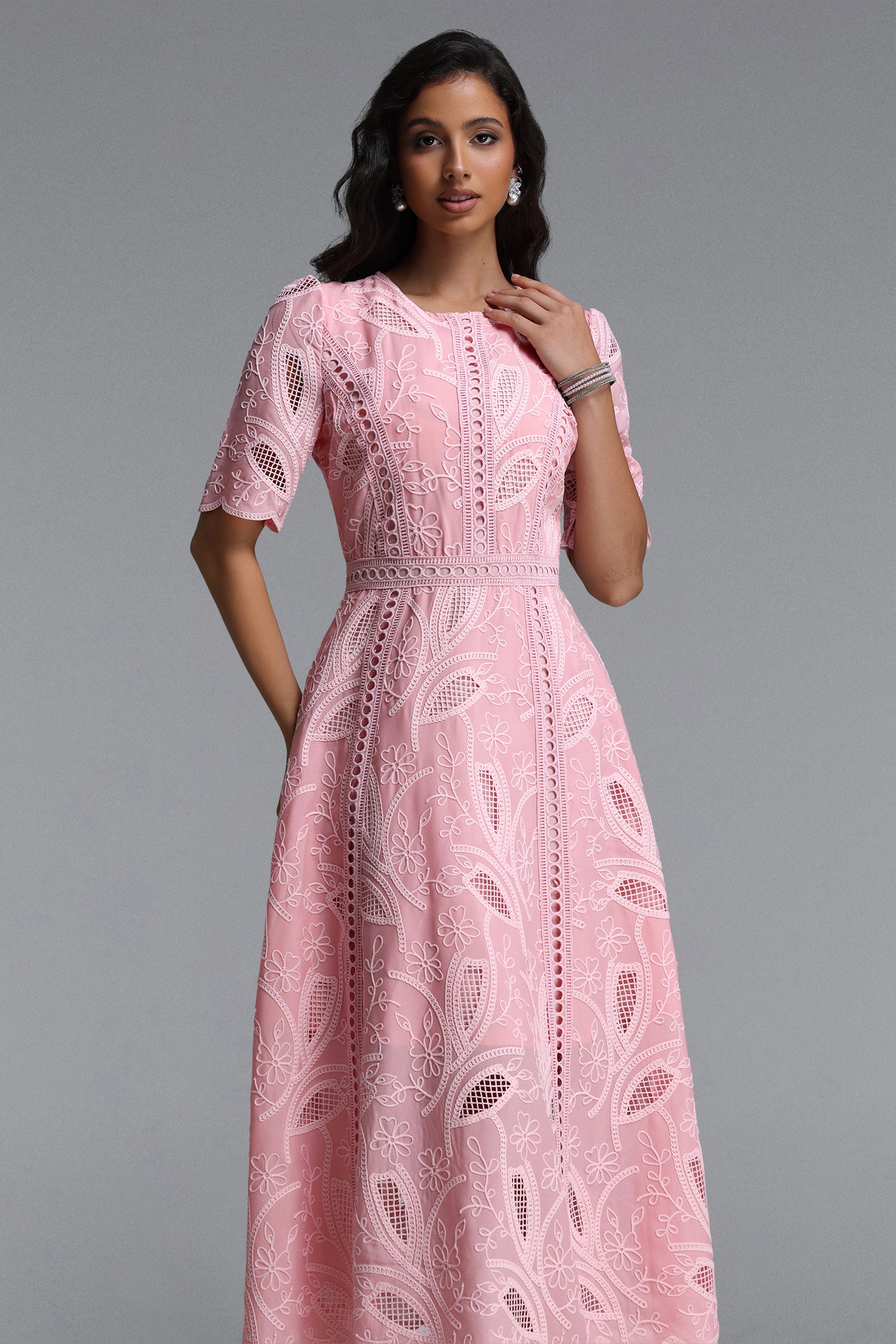 Rochie Midi Roz din Dantelă Brodată Maysa
