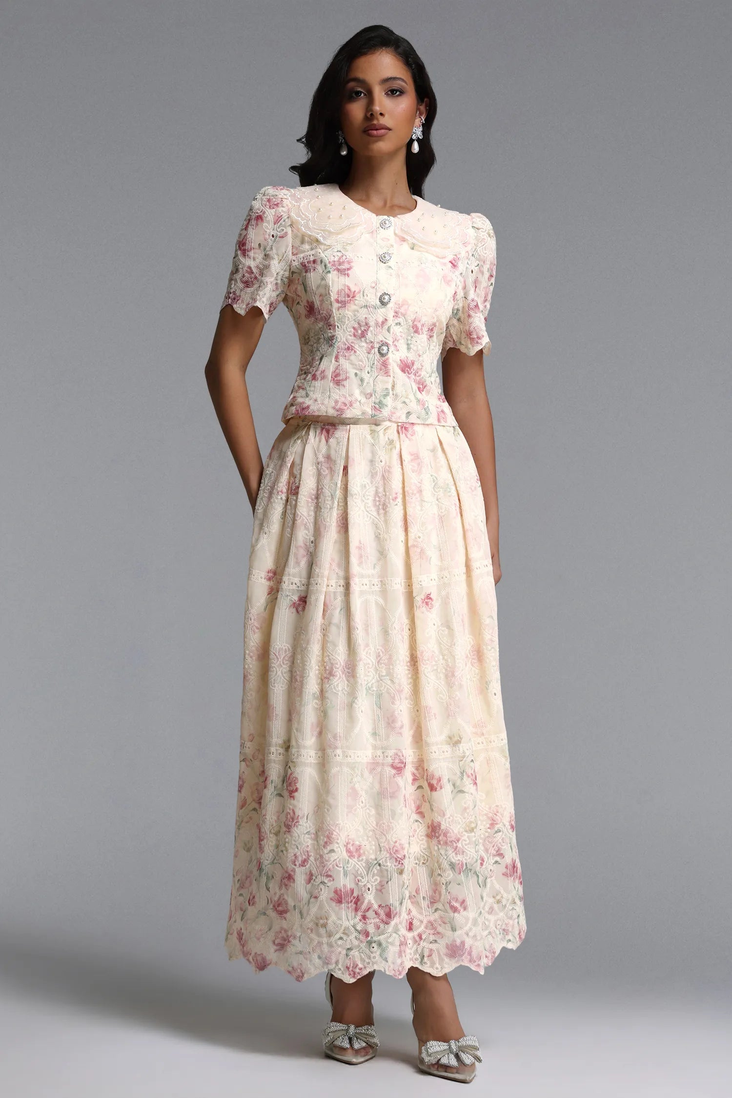 Set midi elegant Dalia crem cu imprimeu floral