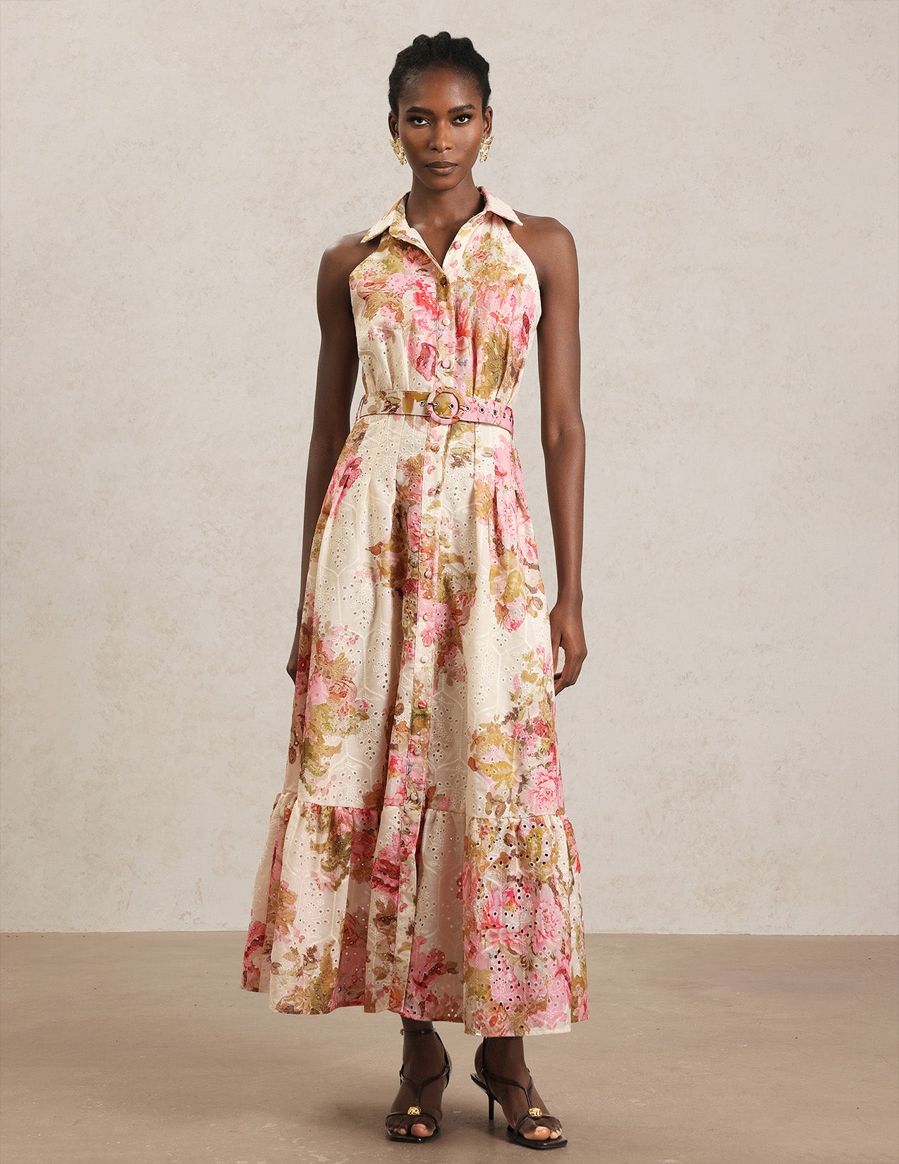 Rochie midi crem cu imprimeu floral Claudette