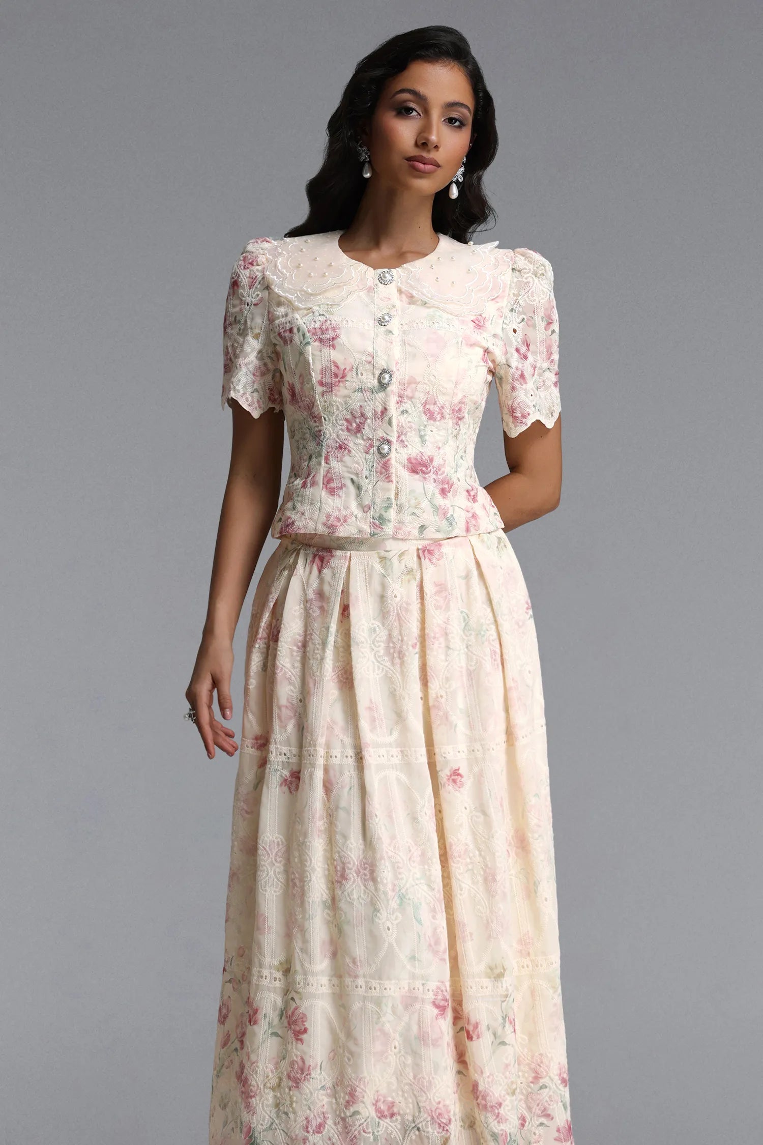 Set midi elegant Dalia crem cu imprimeu floral