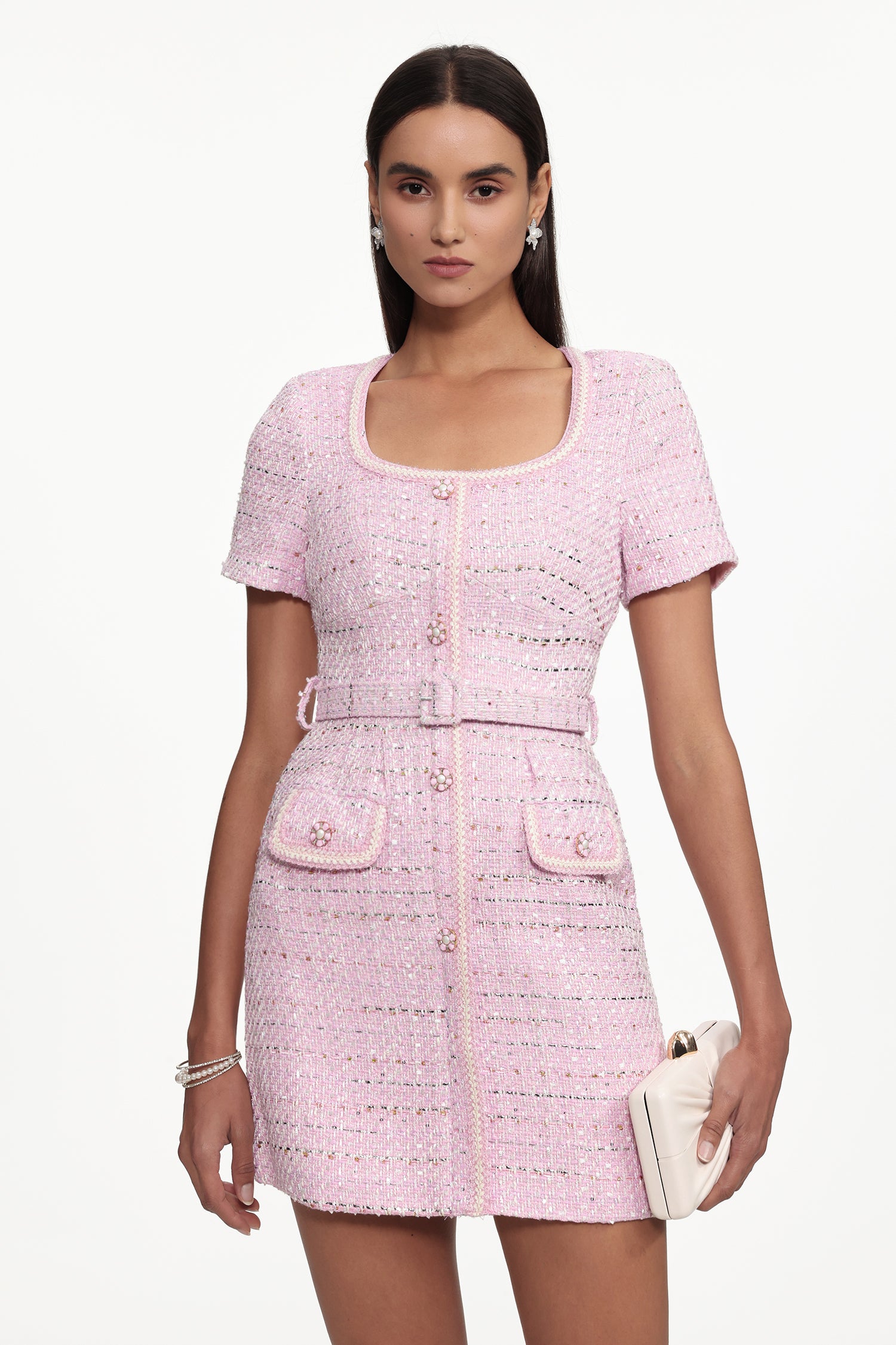 Rochie scurtă Victoria din material tip tweed roz
