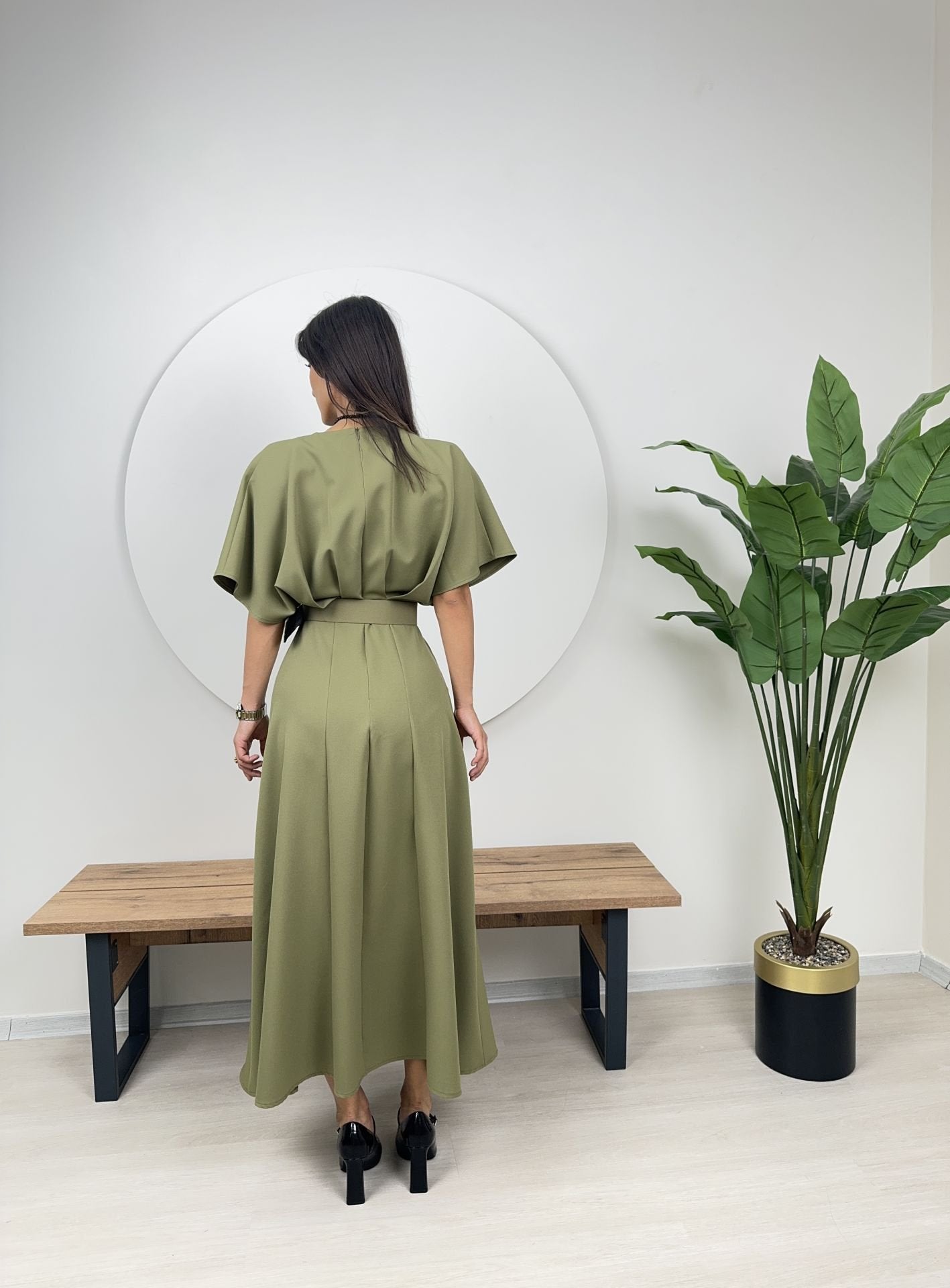 Rochie midi verde  cu cordon și cataramă Olive
