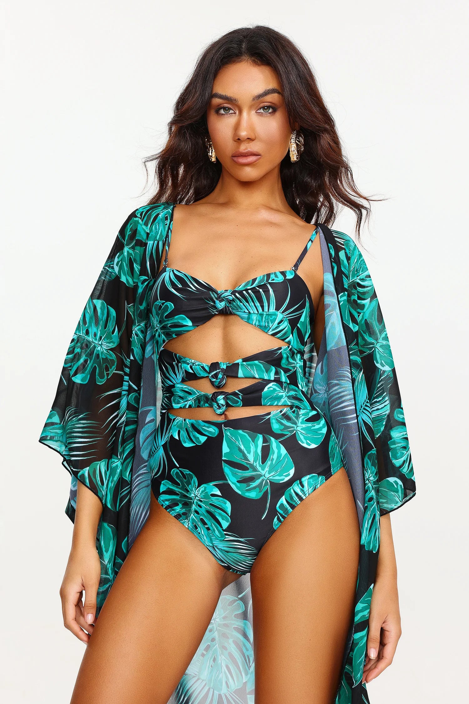 Xanty Leaf Print Cut Out Swimsuit Two Piece Set (3)