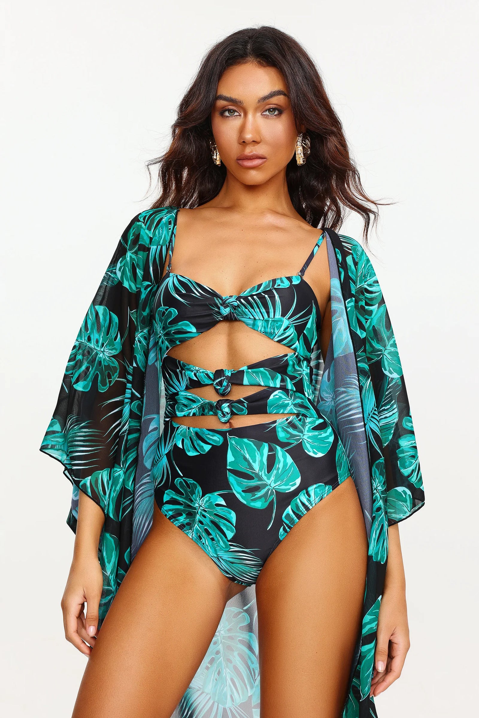 Xanty Leaf Print Cut Out Swimsuit Two Piece Set (3)