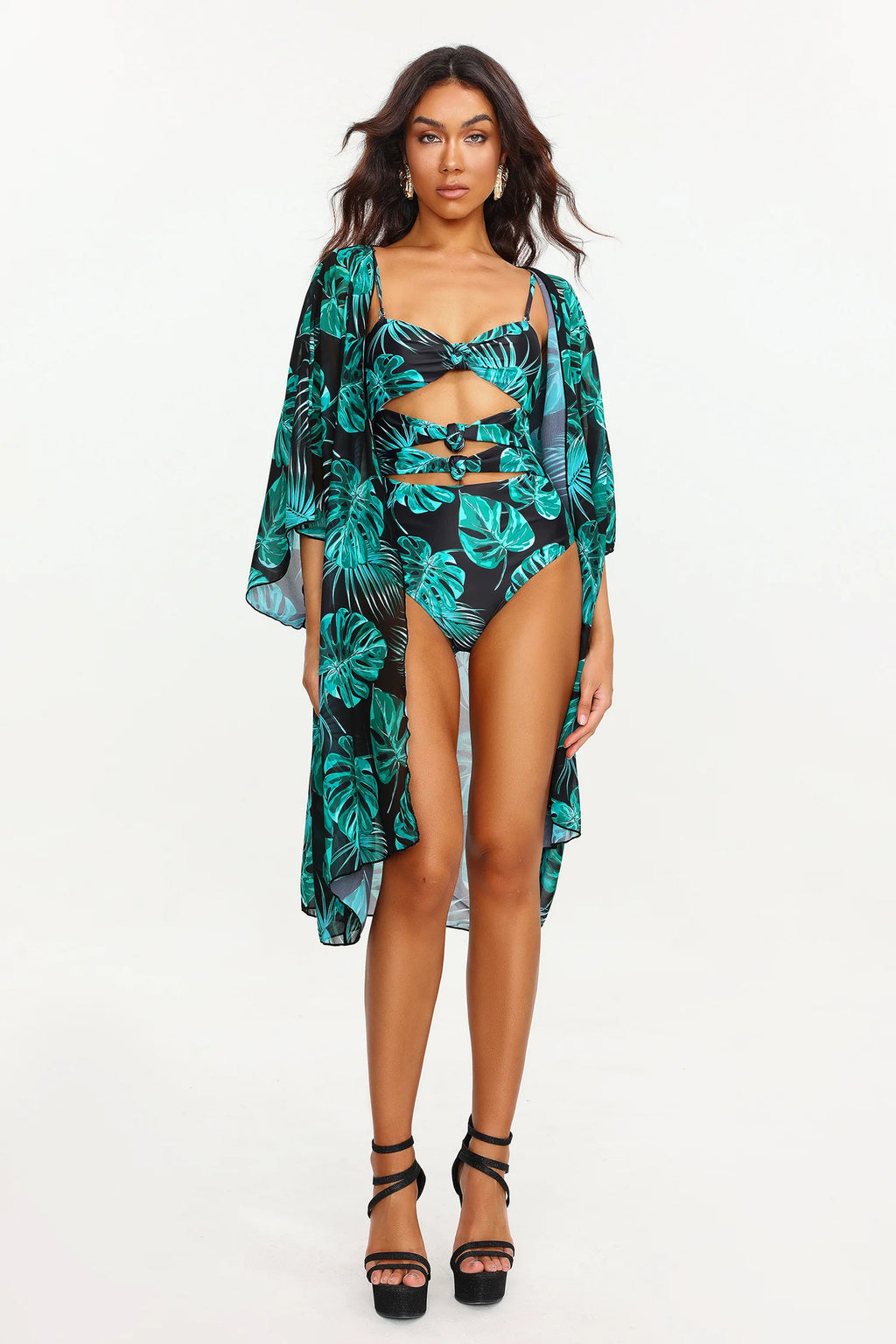 Xanty Leaf Print Cut Out Swimsuit Two Piece Set (2)