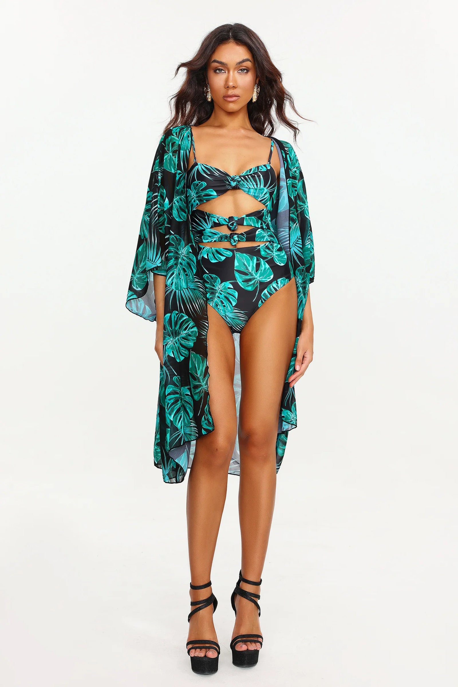 Xanty Leaf Print Cut Out Swimsuit Two Piece Set (2)