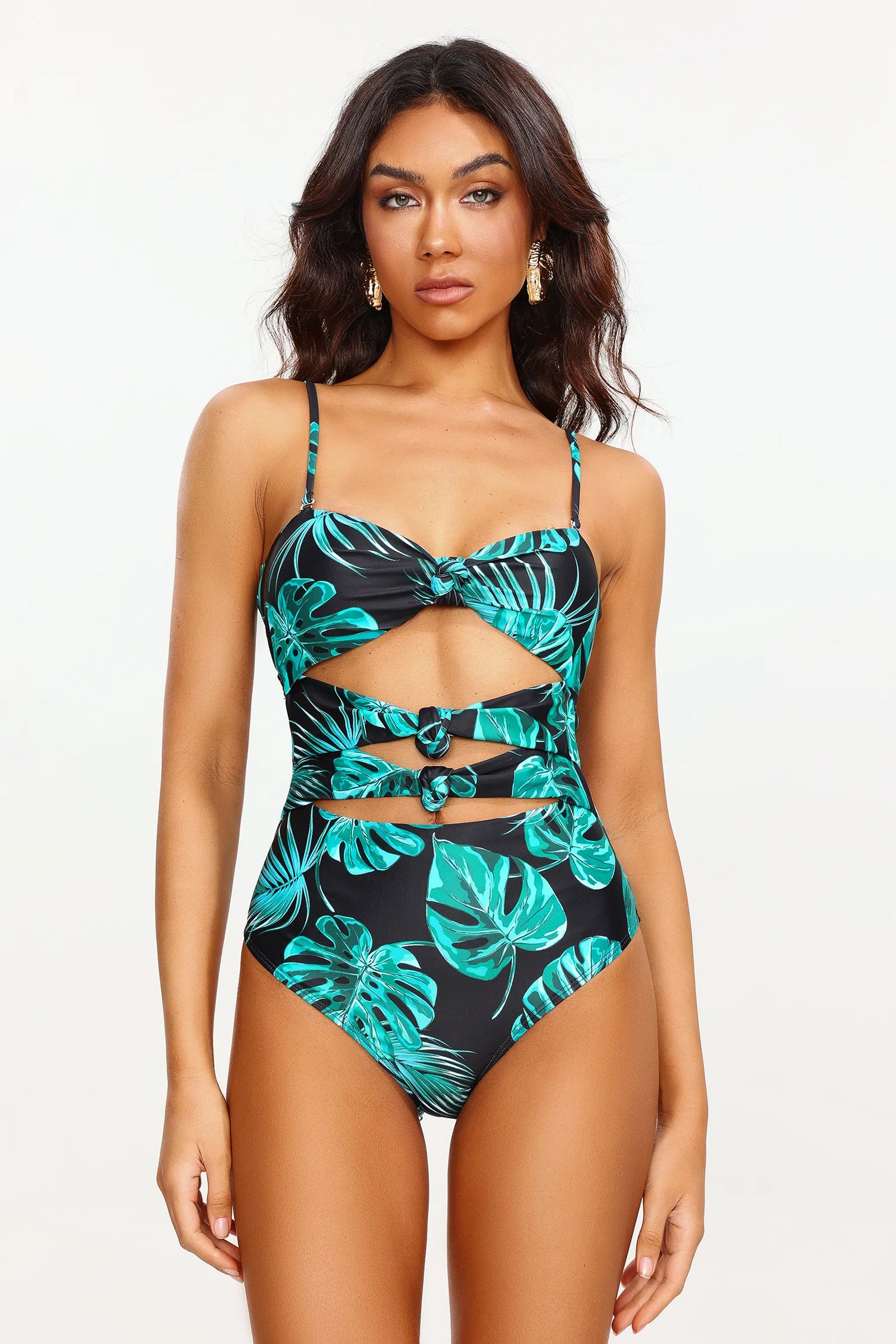 Xanty Leaf Print Cut Out Swimsuit Two Piece Set (4)