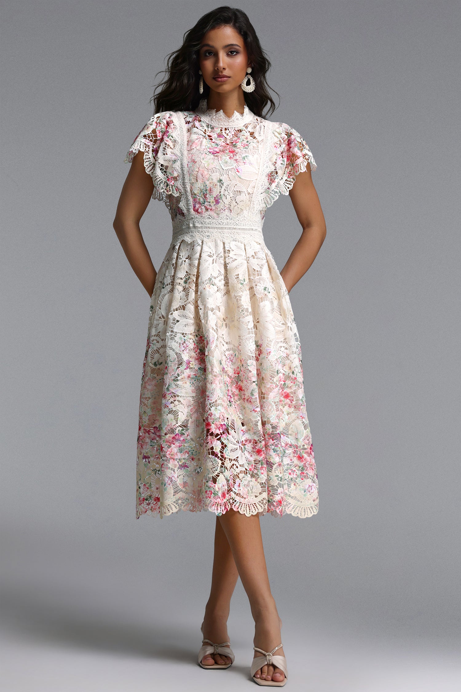 Rochie midi Melody crem florală din dantelǎ