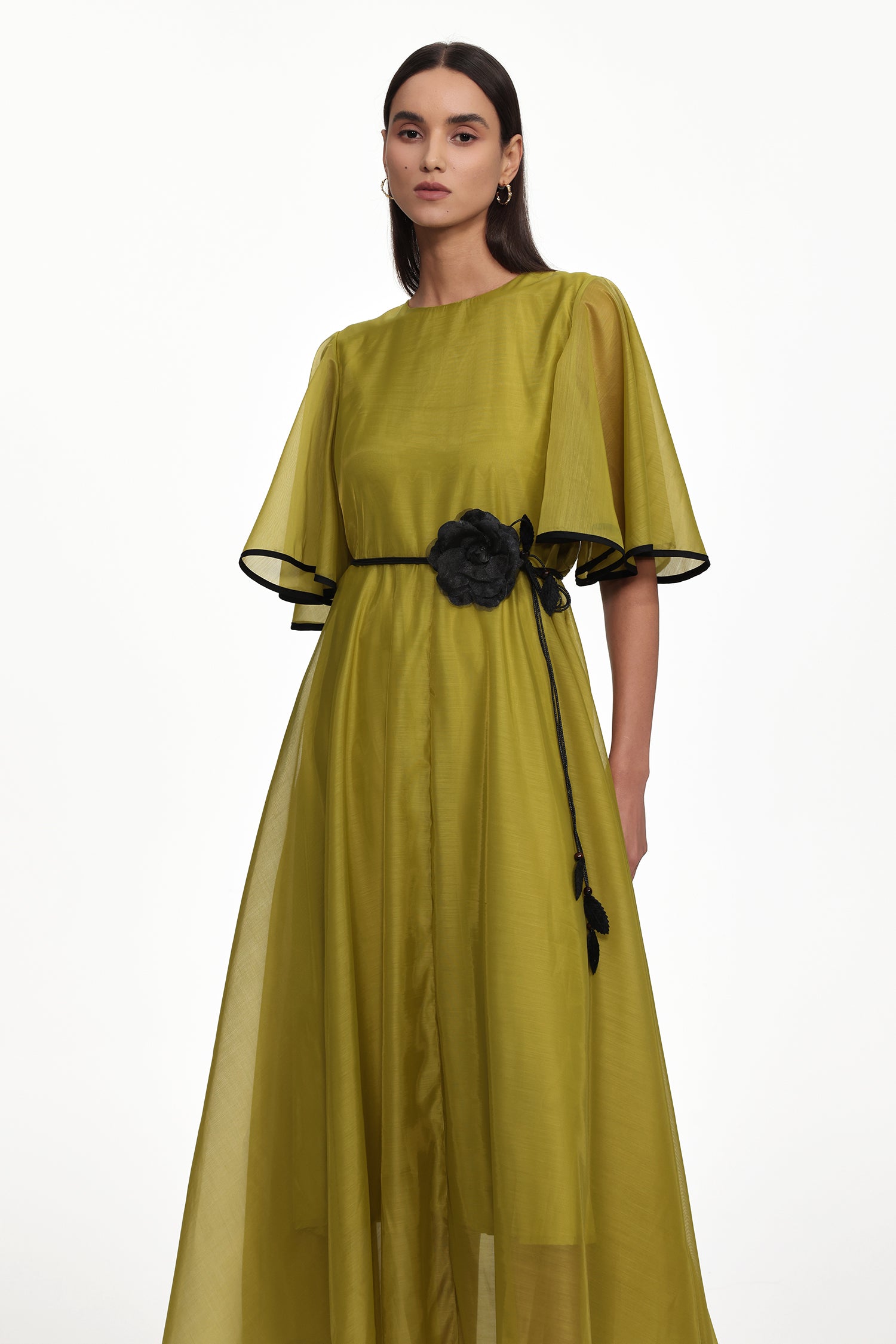 Rochie midi Oliviera verde cu floare decorativă