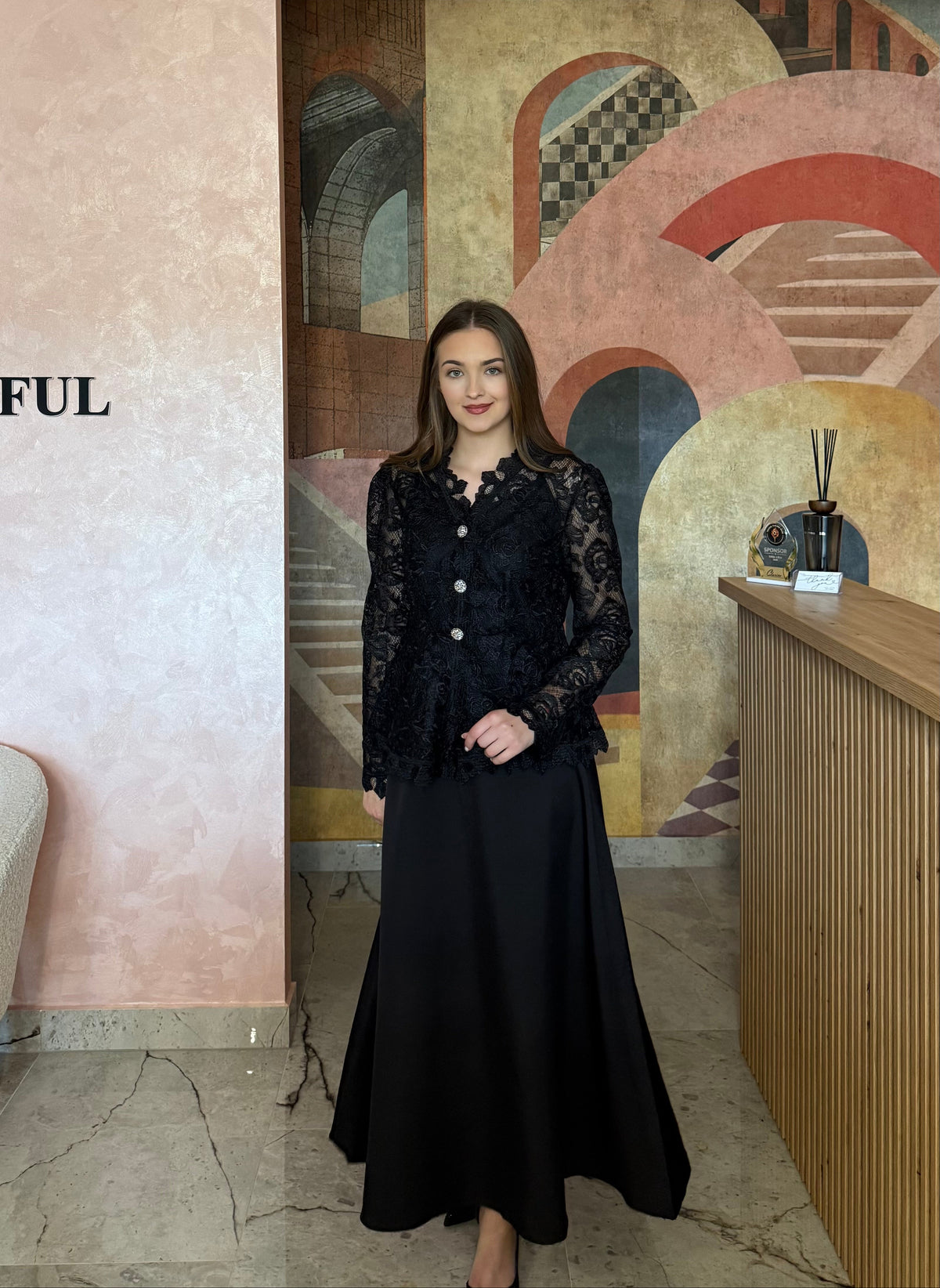 Set din 3 piese negru Alora cu maiou cămașă din dantelă și fustă în A