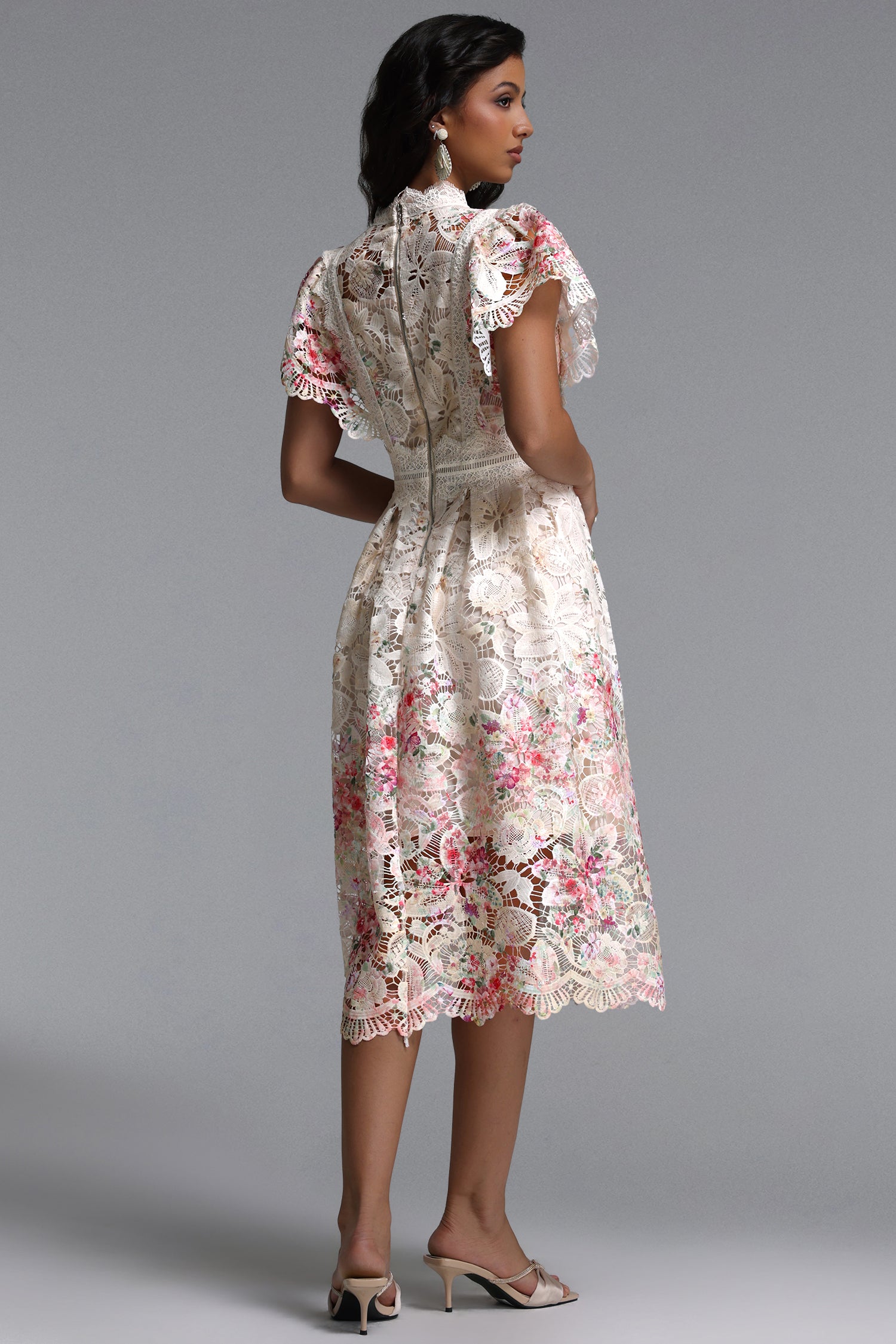 Rochie midi Melody crem florală din dantelǎ