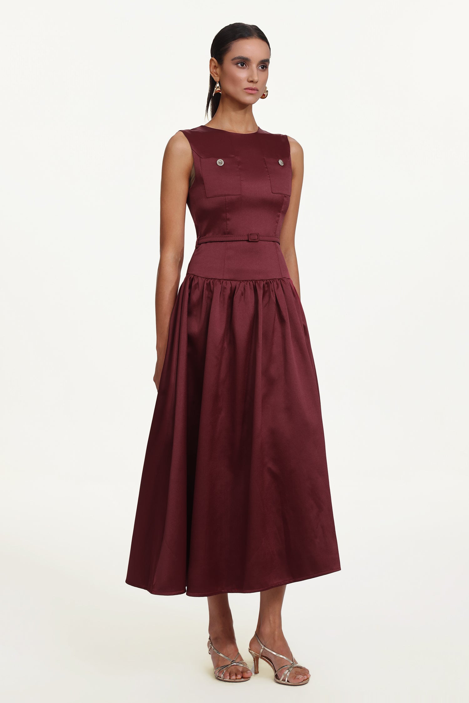 Rochie midi elegantă Burgundy cu talie marcată