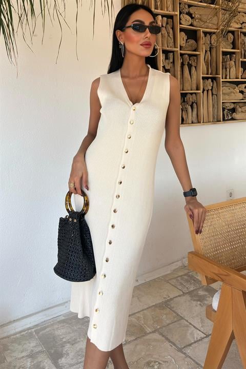 Rochie midi crem cu nasturi și decolteu în V Riviera