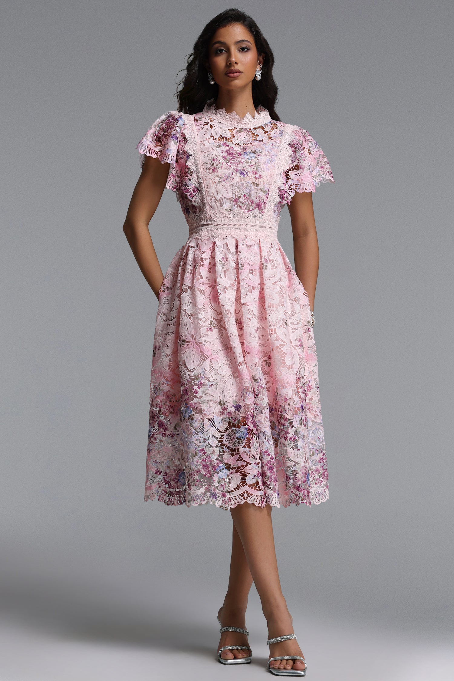 Rochie midi elegantă Melody roz florală din dantelă