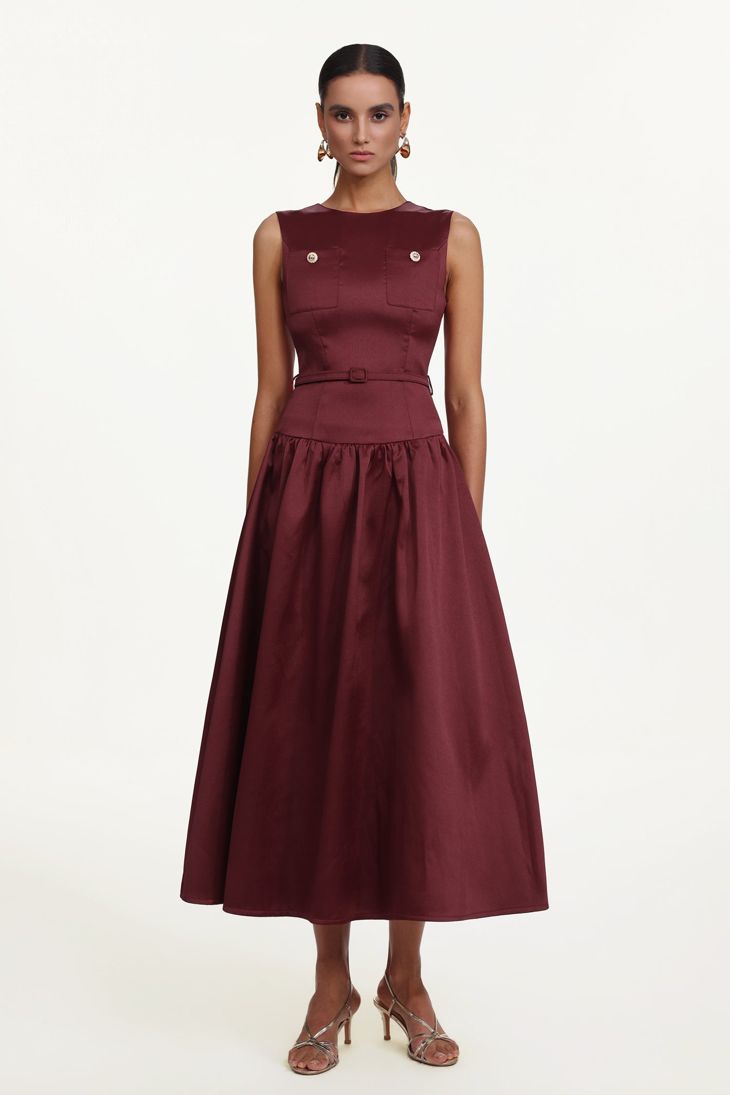 Rochie midi elegantă Burgundy cu talie marcată