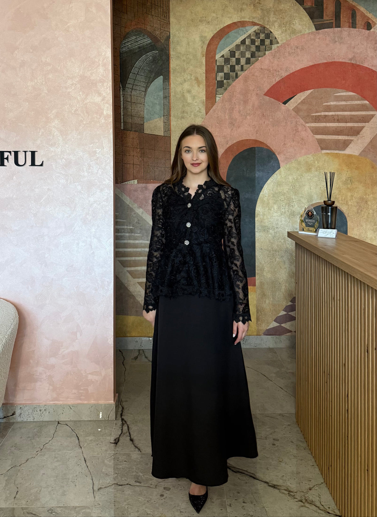 Set din 3 piese negru Alora cu maiou cămașă din dantelă și fustă în A