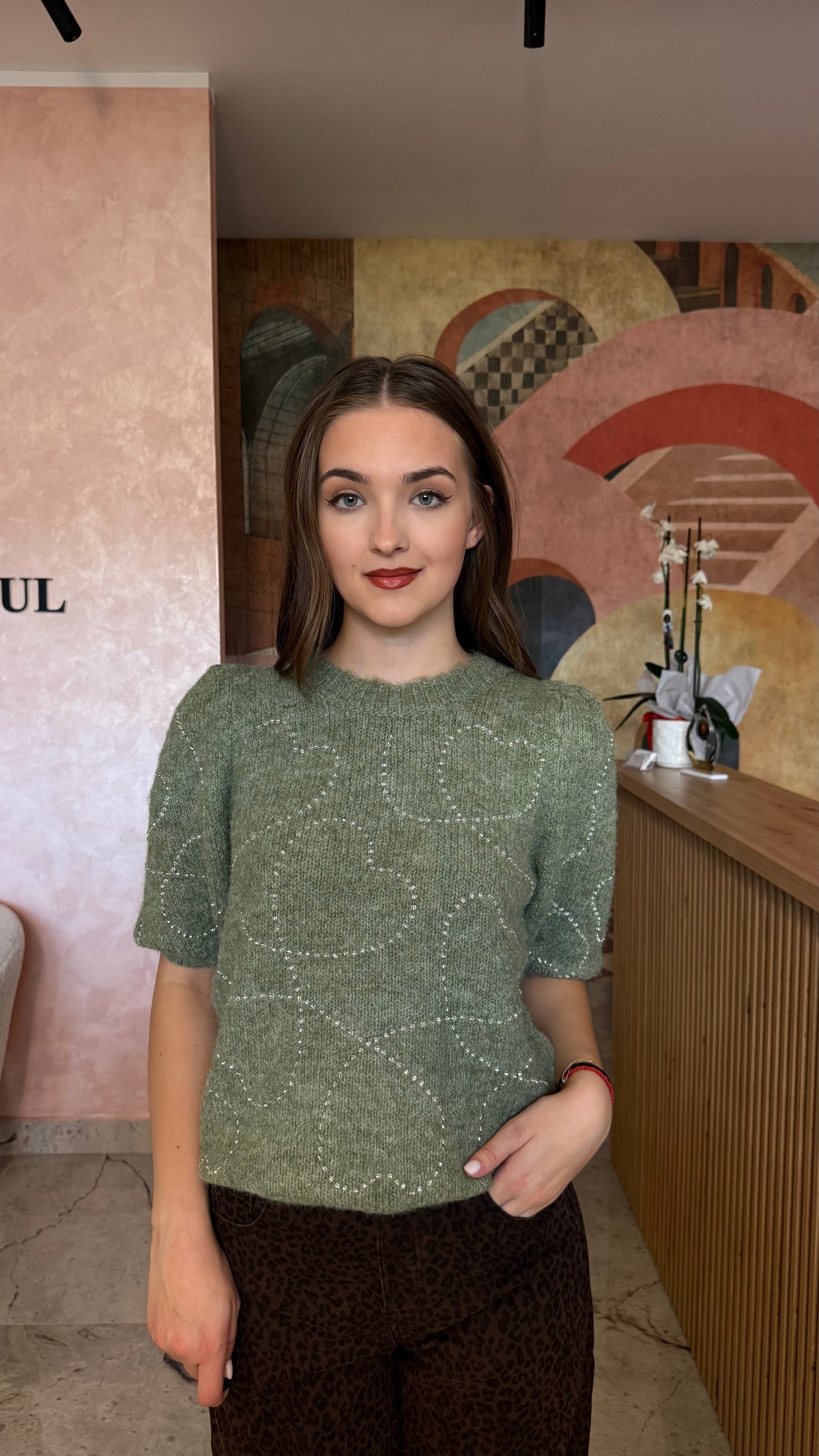 Bluză verde Amaya cu model contrastant și mâneci voluminoase