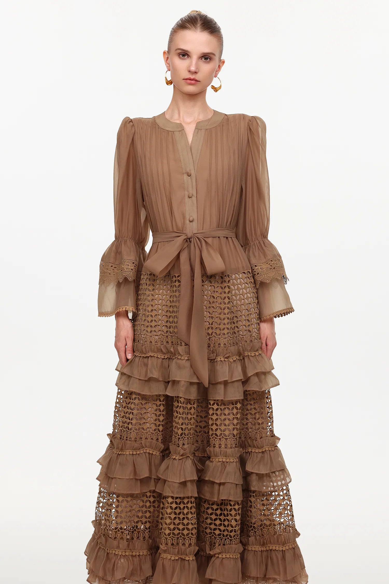 Rochie midi Siene Mocha maro cu dantelă și volane