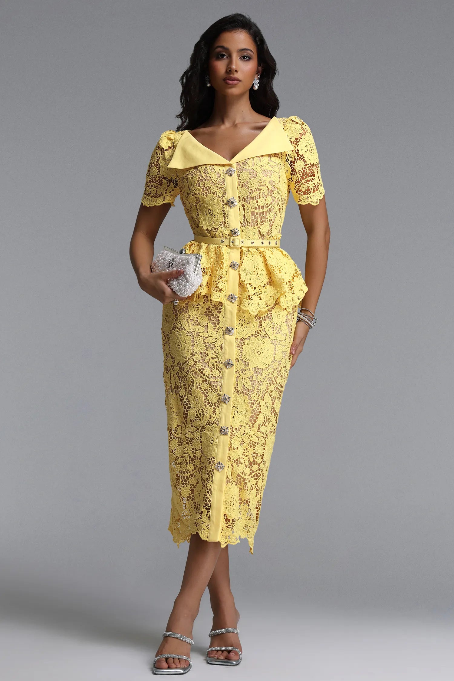 Rochie midi Juliette galbenă din dantelă cu guler tip rever