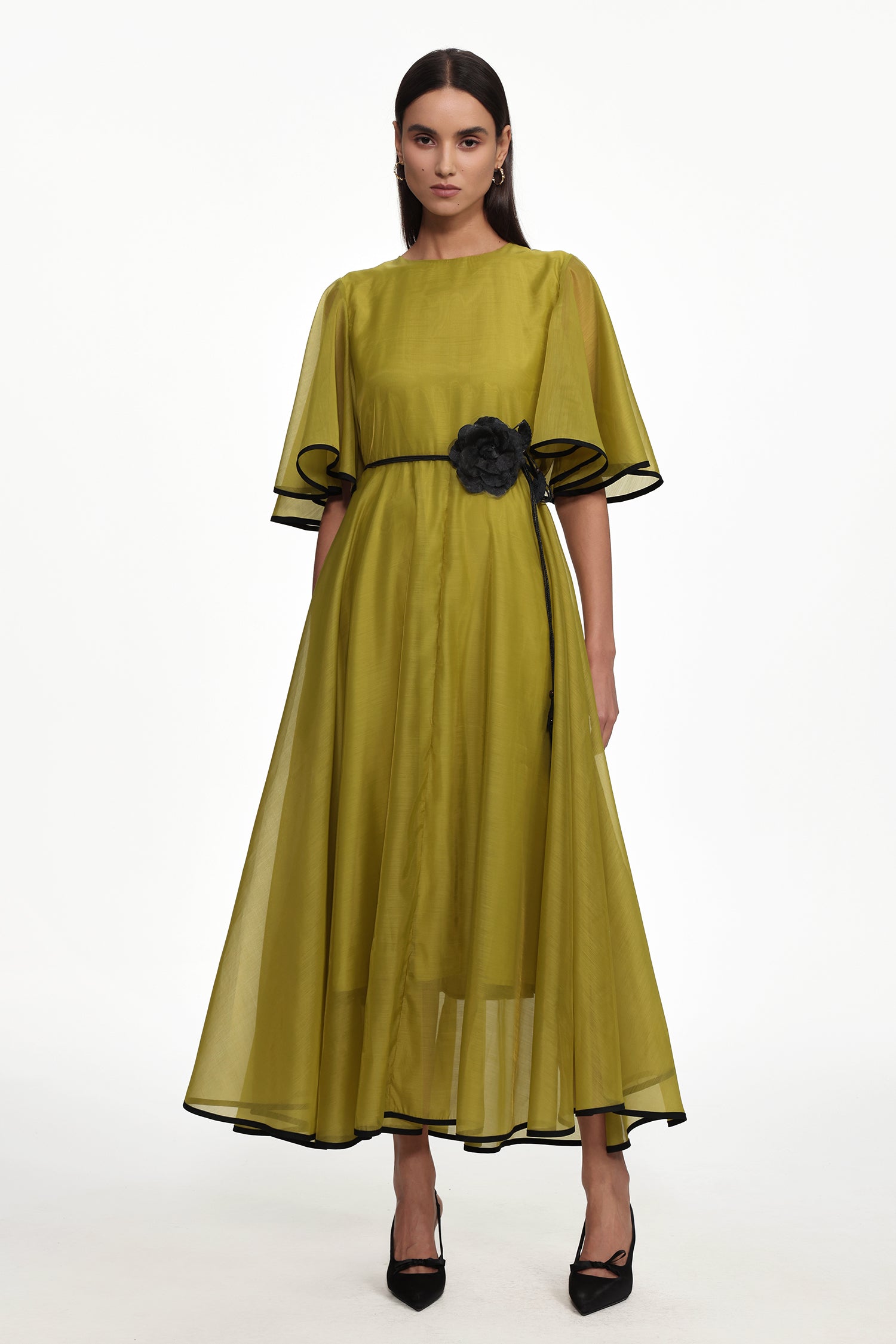 Rochie midi Oliviera verde cu floare decorativă