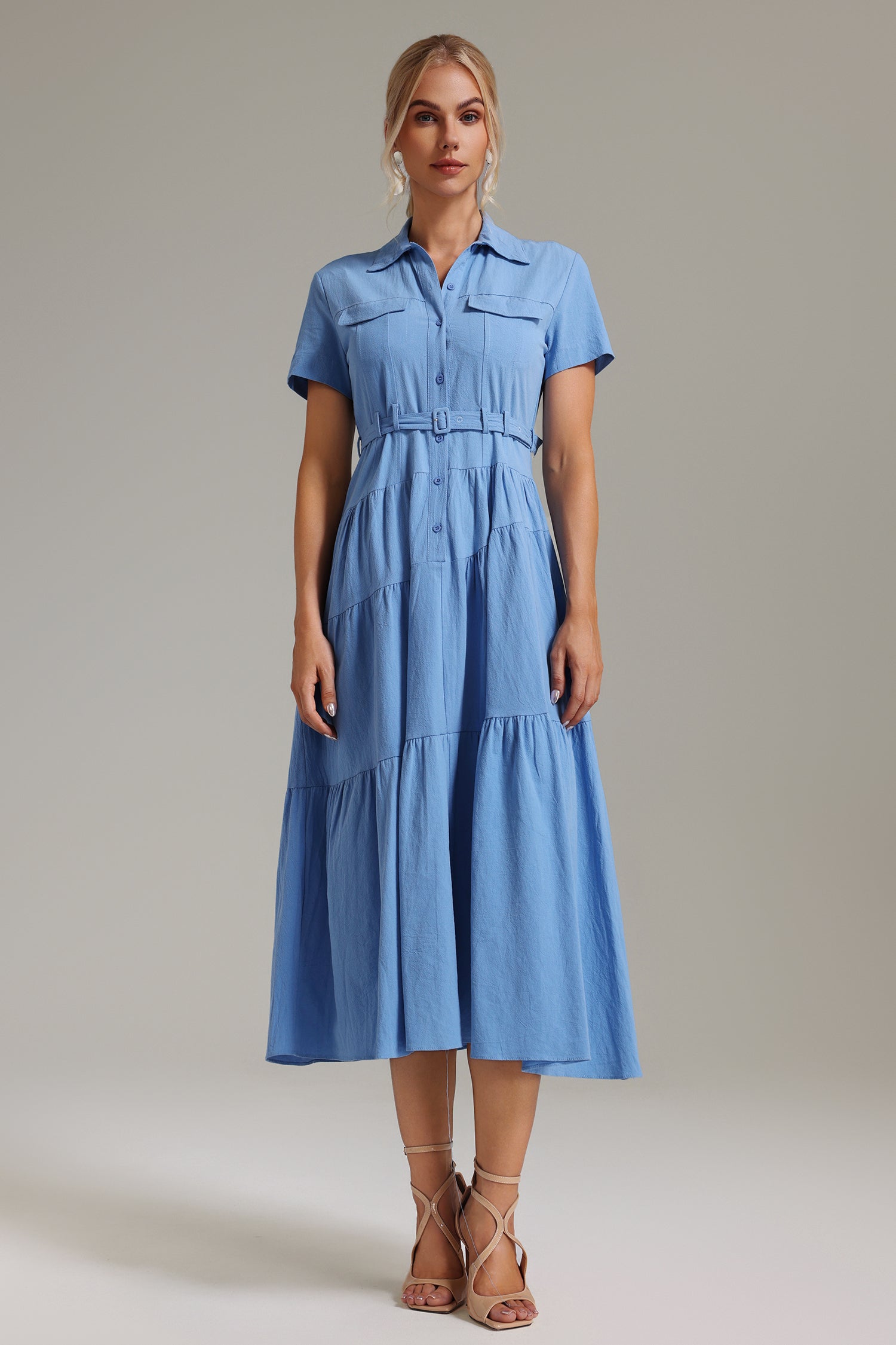 Rochie midi albastră tip cămașă Serenity