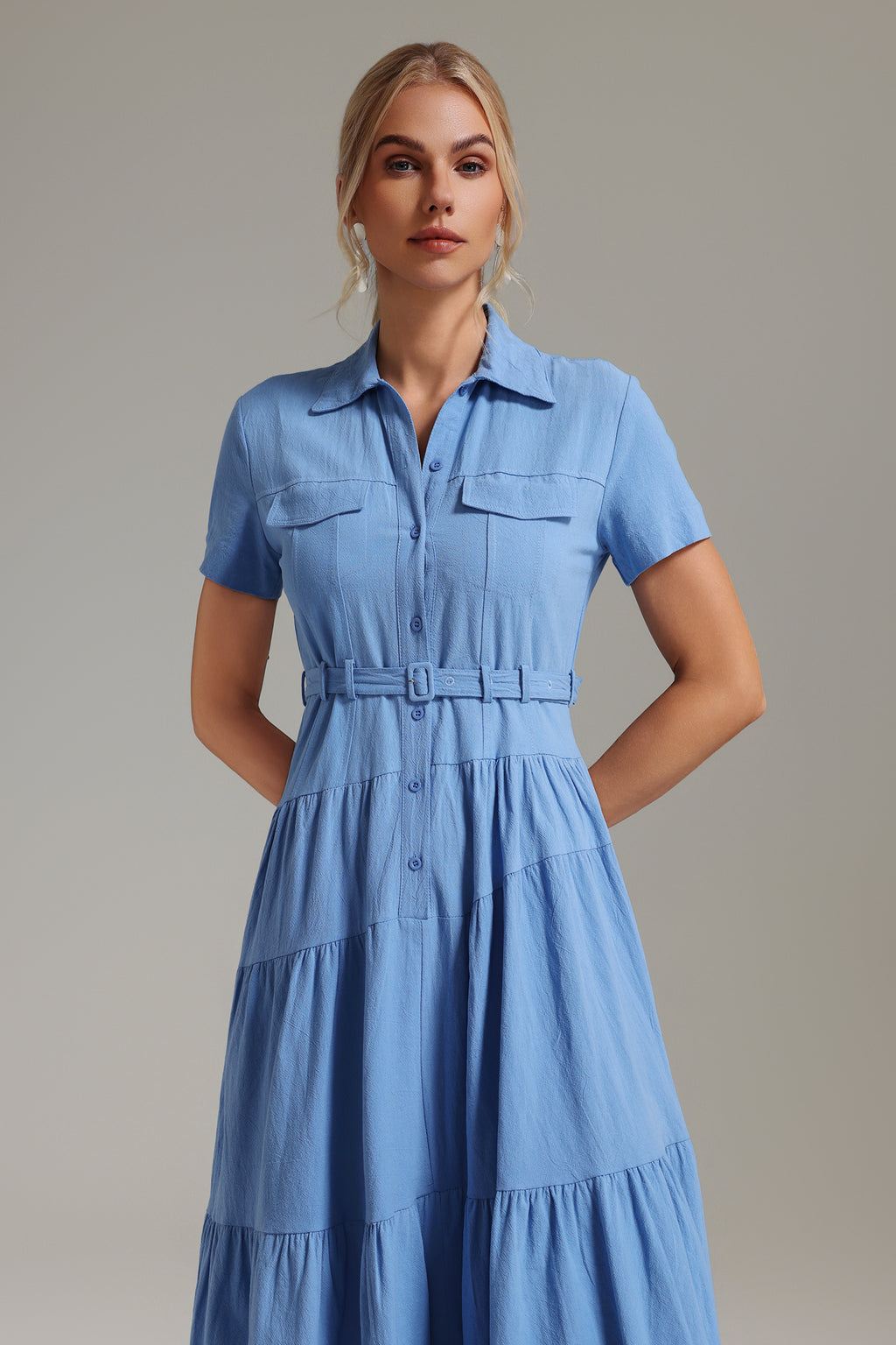 Rochie midi albastră tip cămașă Serenity